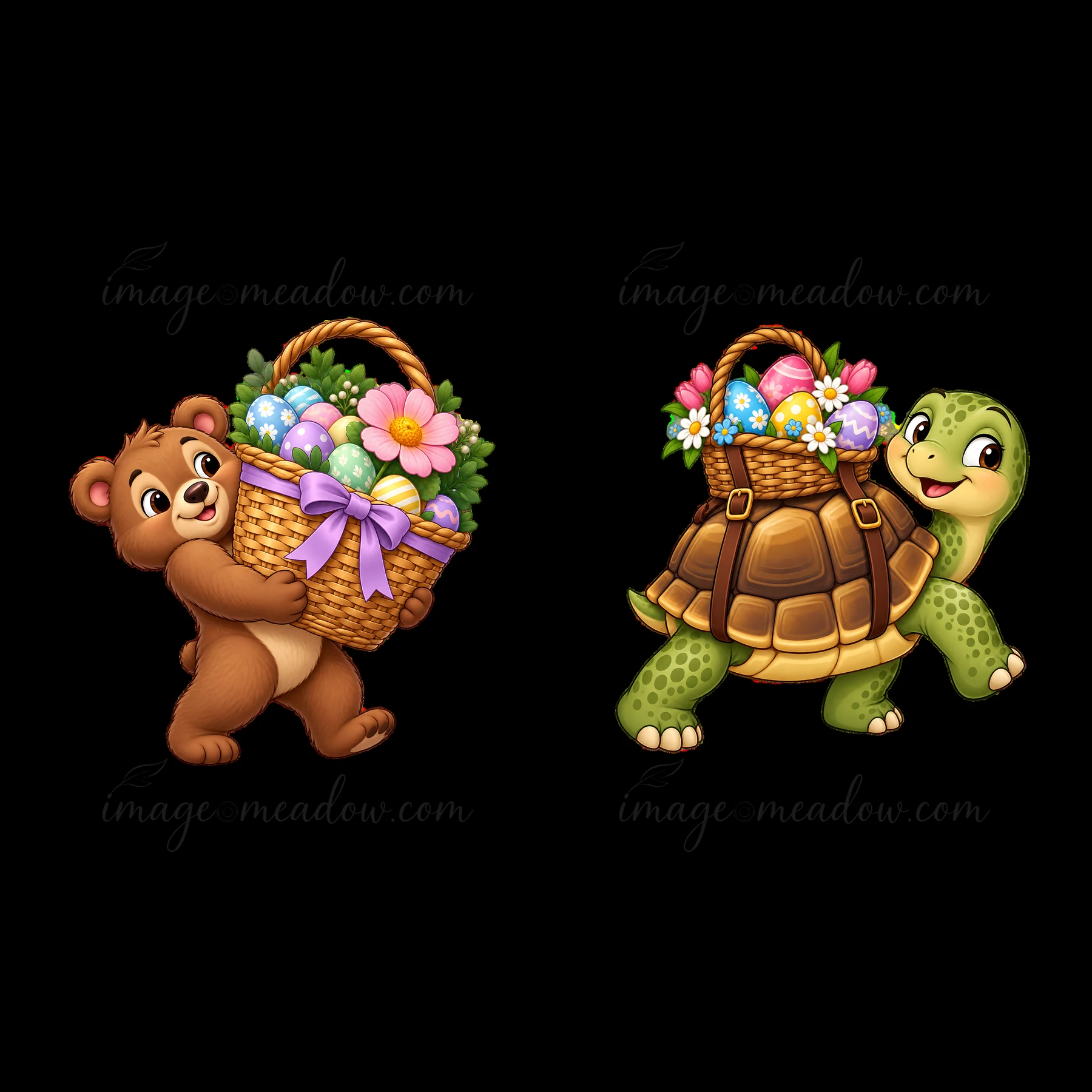 A bear carries a basket filled with colorful Easter eggs and flowers while a turtle walks beside it, both appear happy. The scene captures a playful Easter them