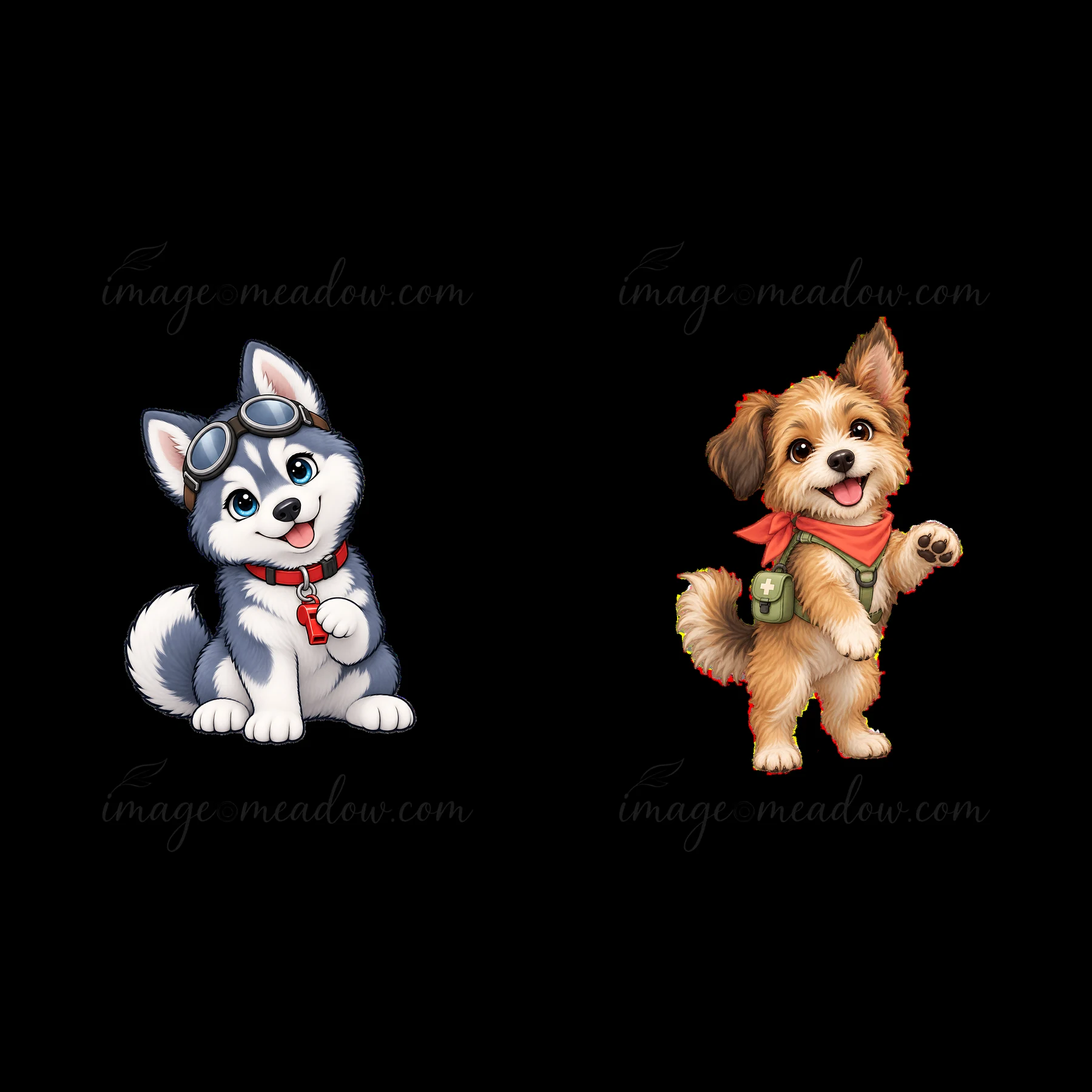 Two cartoon dogs are illustrated in a playful manner. One is a gray and white husky with goggles and a red collar. The other is a small brown dog wearing a gree