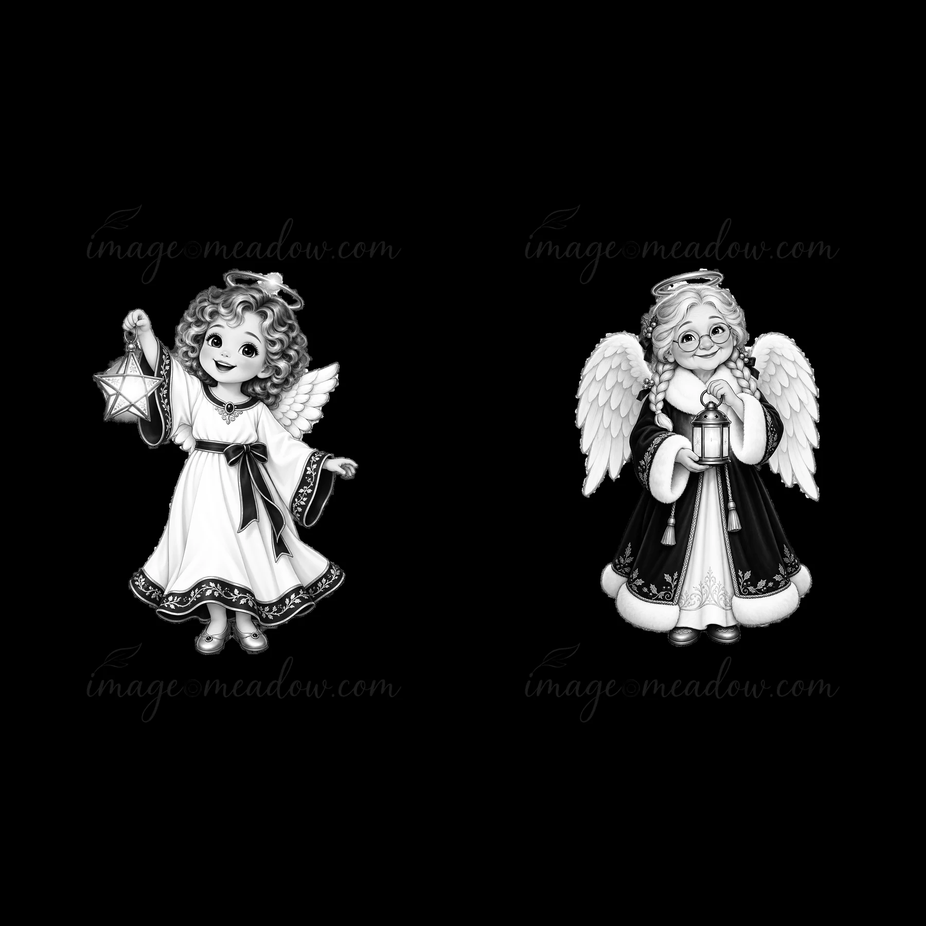 Two cartoon angels stand side by side for a Christmas theme. One angel holds a star and wears a flowing dress, while the other holds a lantern and has glasses.