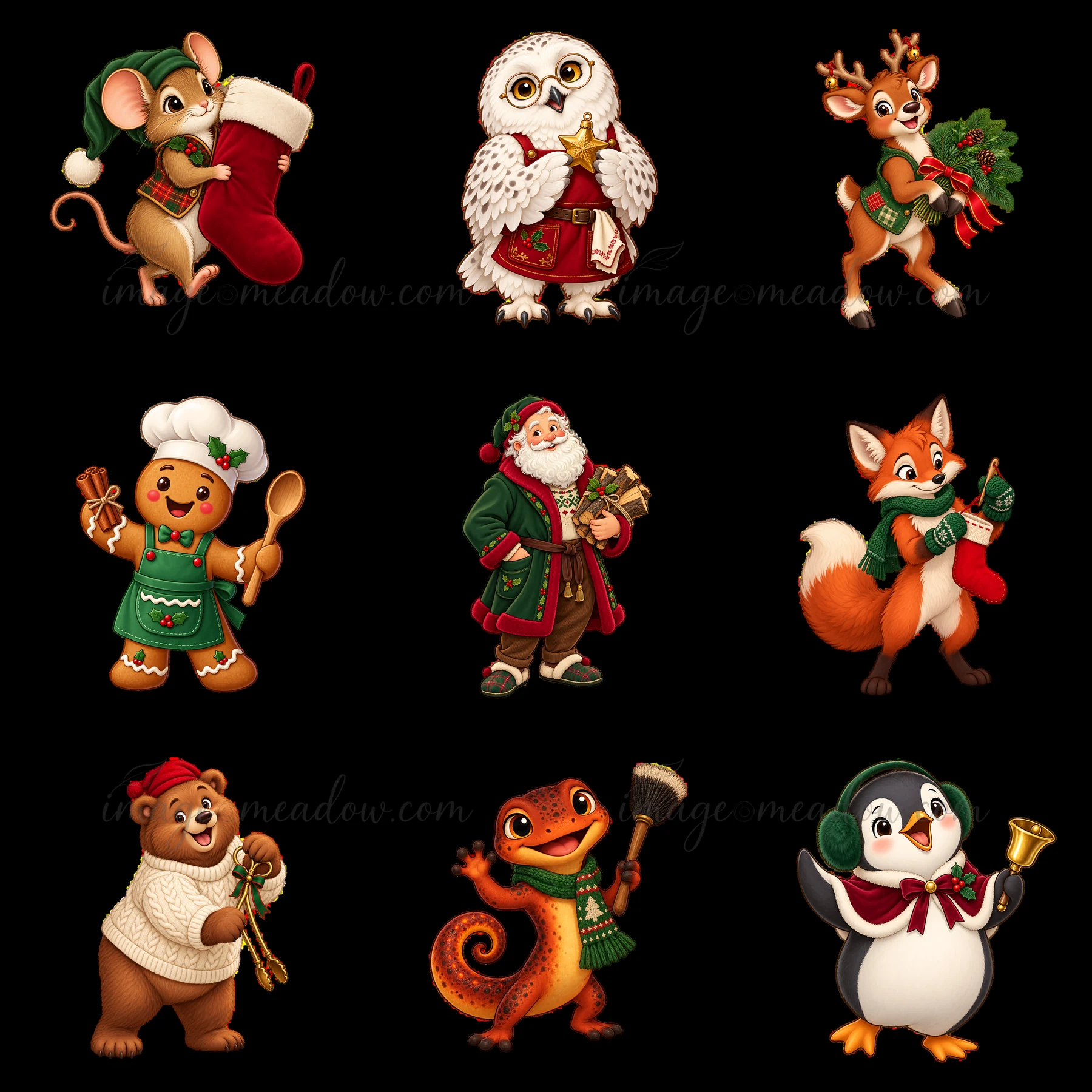 A cheerful group of cartoon animals and characters enjoy Christmas near a fireplace. The scene features a mouse, owl, reindeer, chef, Santa, fox, bear, lizard,