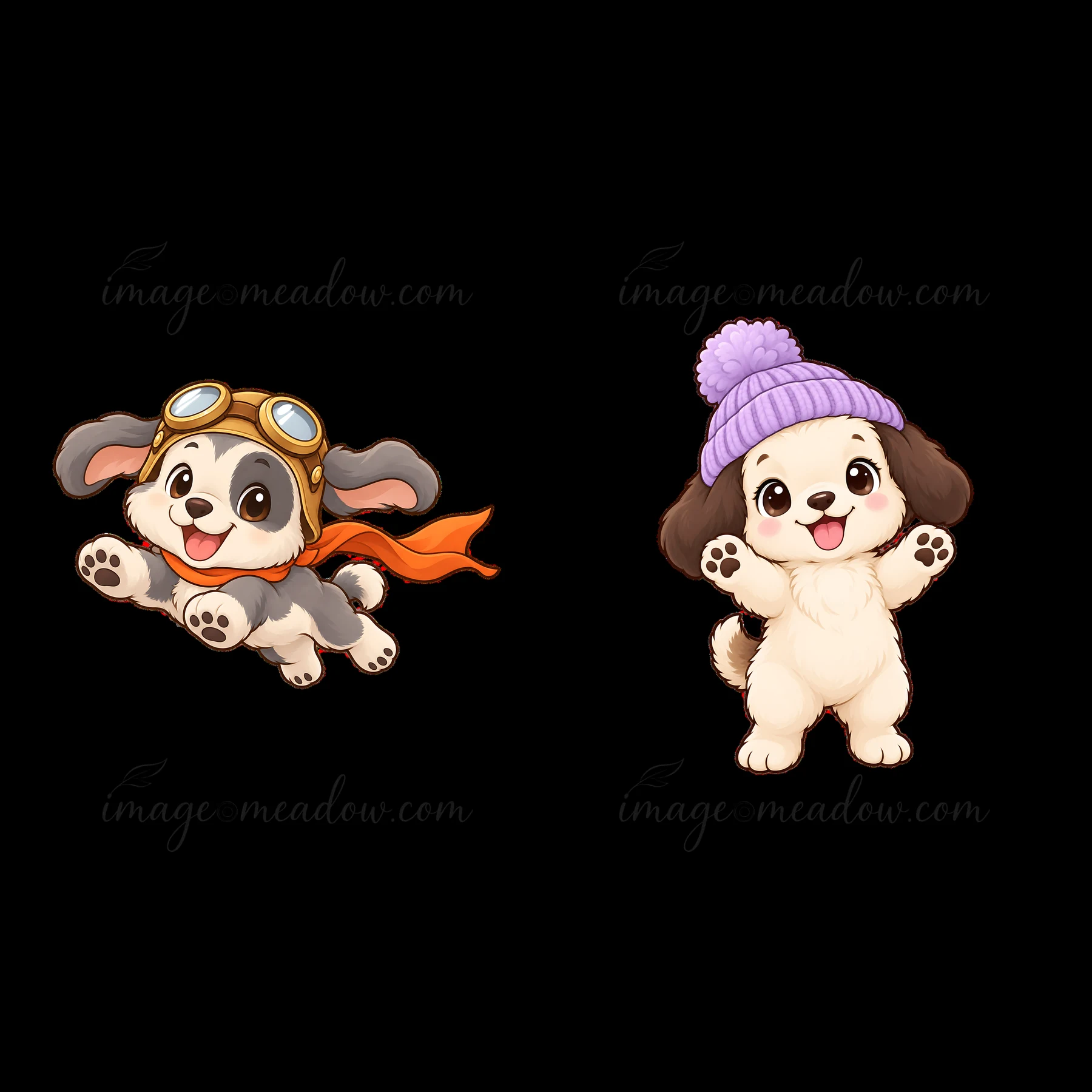 Two cute dogs are illustrated as cartoon stickers. One dog wears goggles and a red scarf, jumping joyfully. The other dog has a purple hat and shows excitement
