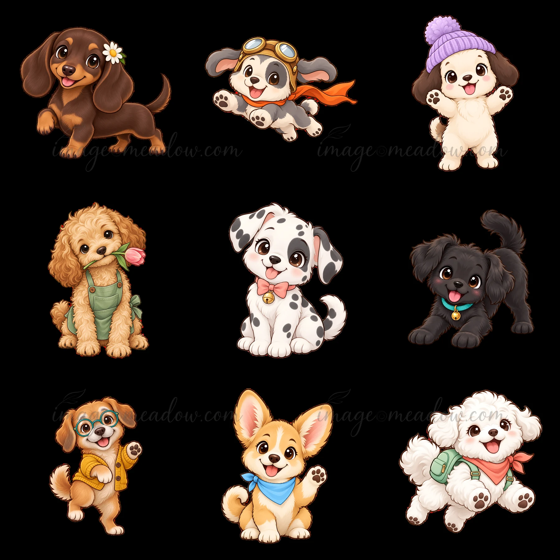 Nine cartoon dogs in a 3x3 layout. Each dog has a unique appearance and expression, wearing different accessories, such as hats and scarves. The dogs are in pla