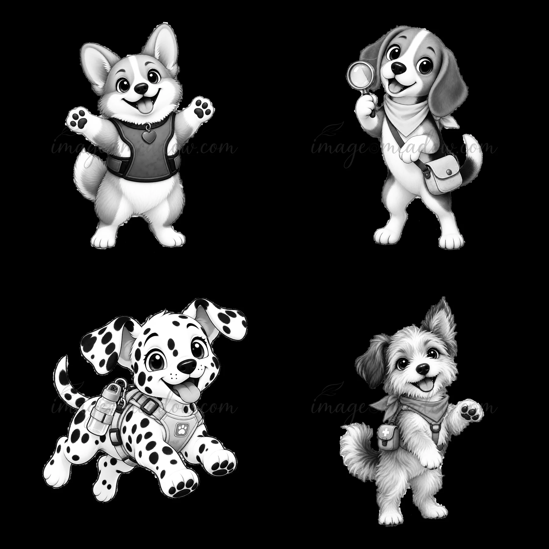 Four cartoon dogs are shown in a 2x2 layout. Each dog is in a playful pose, wearing accessories like bags or magnifying glasses and displaying cheerful expressi