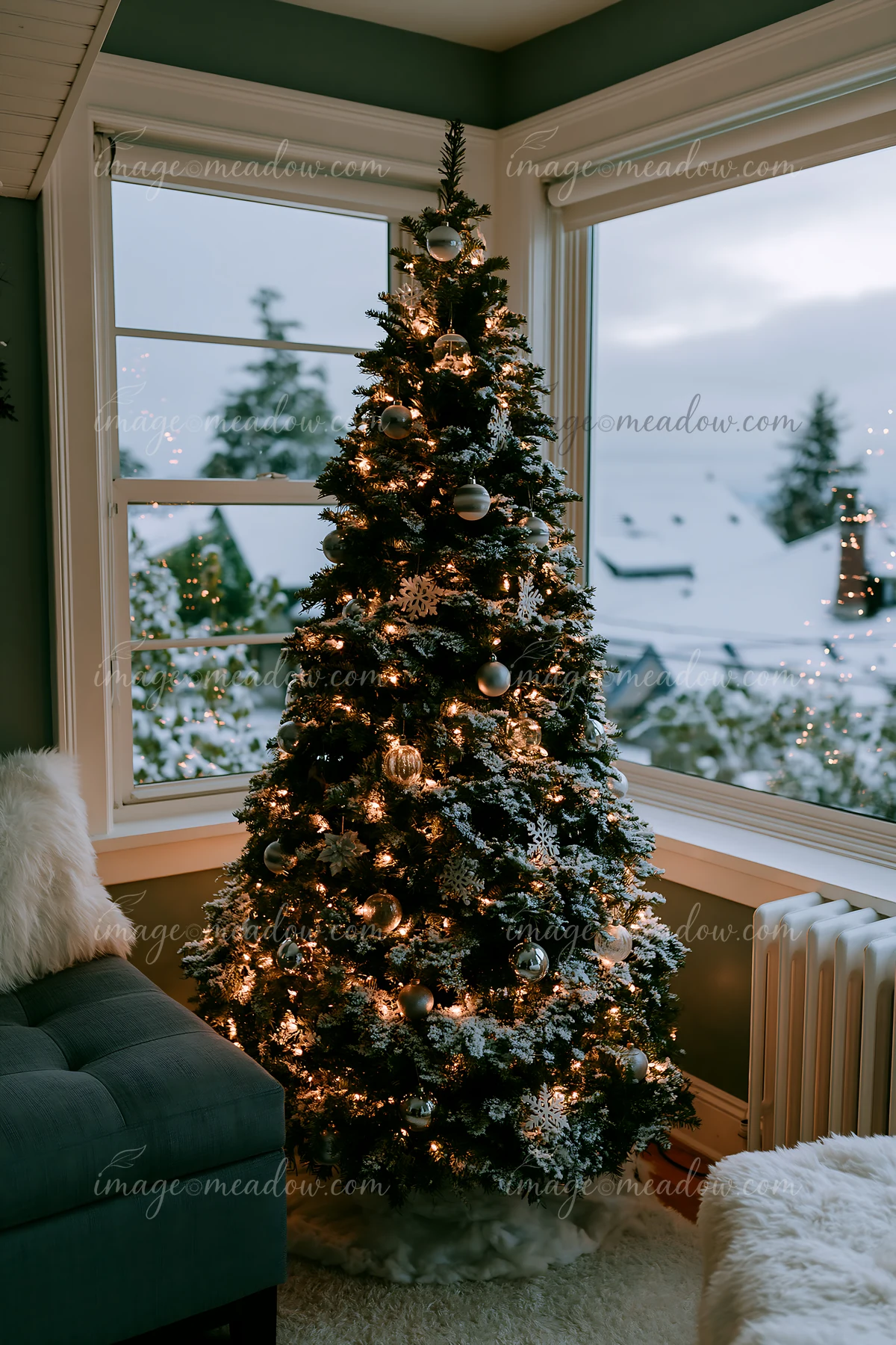 Decorated Christmas tree with monochrome ornaments and warm lights stands beside large windows in a cozy living room.