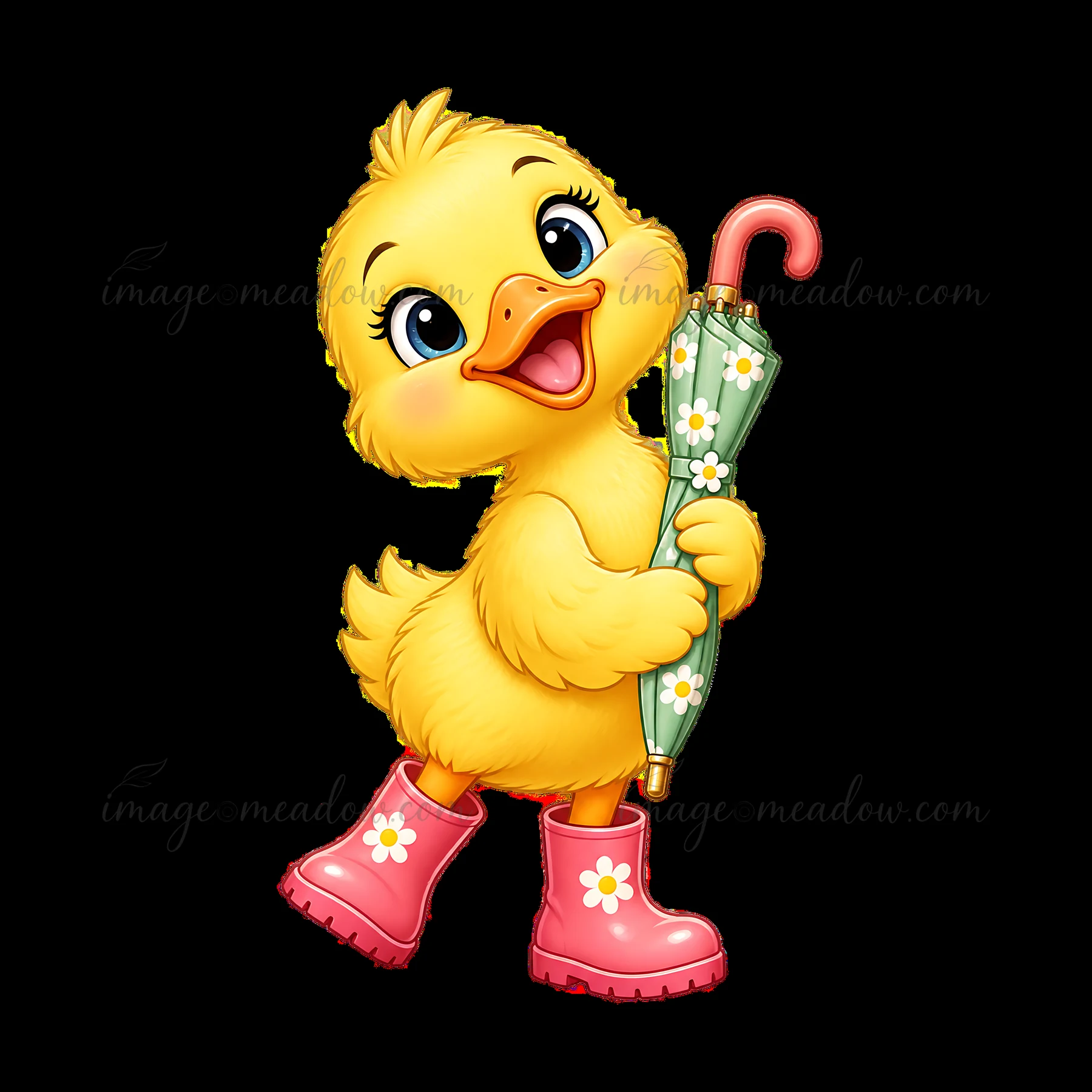 A cheerful yellow duckling holds a green umbrella and smiles brightly while wearing pink boots decorated with white flowers. It stands in an easter meadow fille