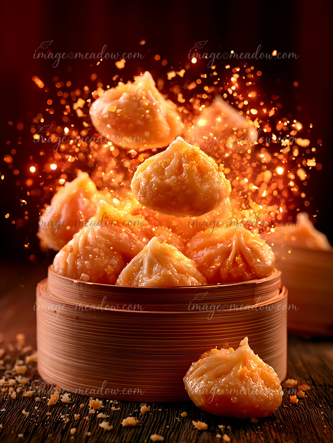 Dumplings sit in a wooden steamer as golden sparks rise around them.