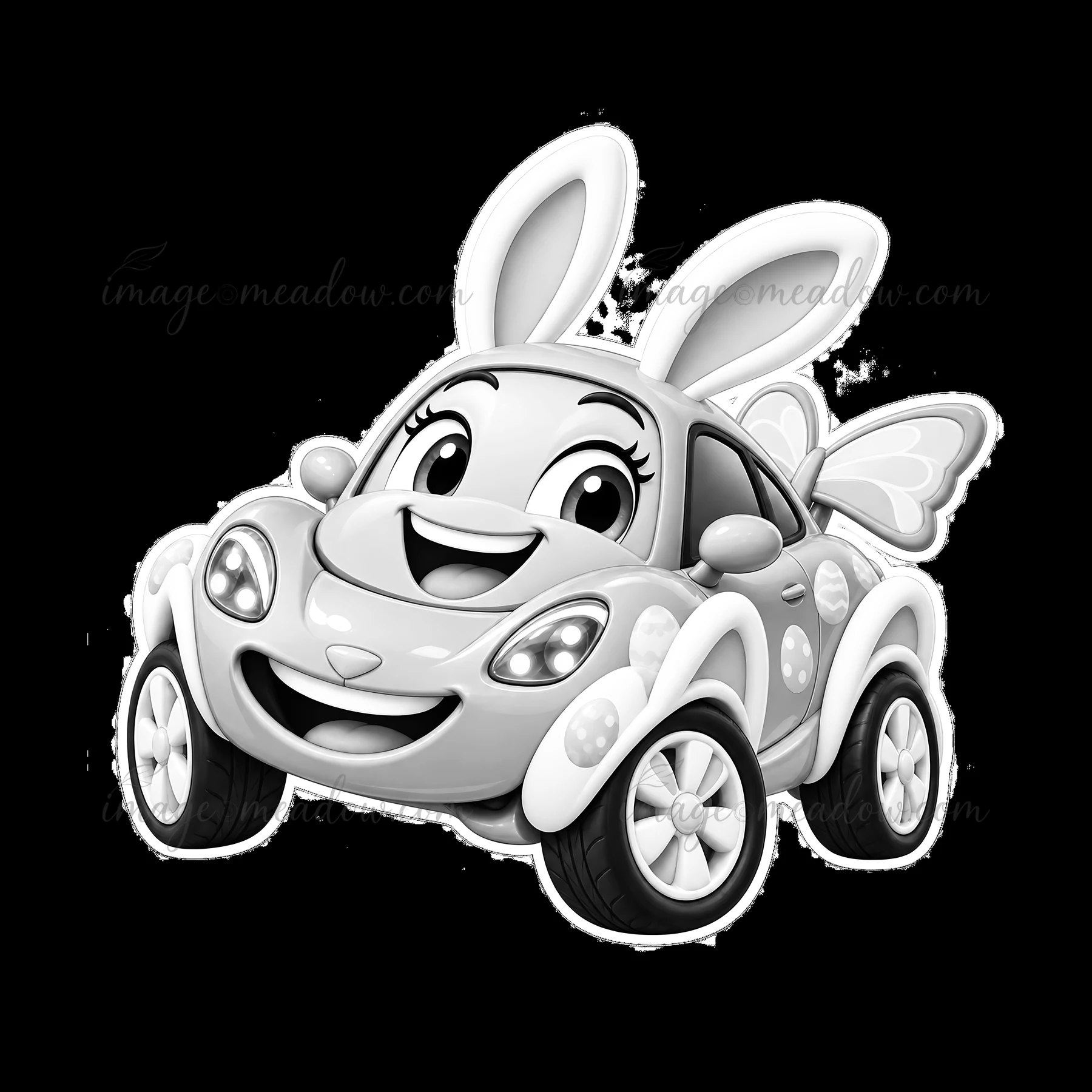 A cartoon car designed as a bunny, featuring long ears, smiling face, and colorful patterns. The vehicle has a joyful expression and whimsical details, perfect