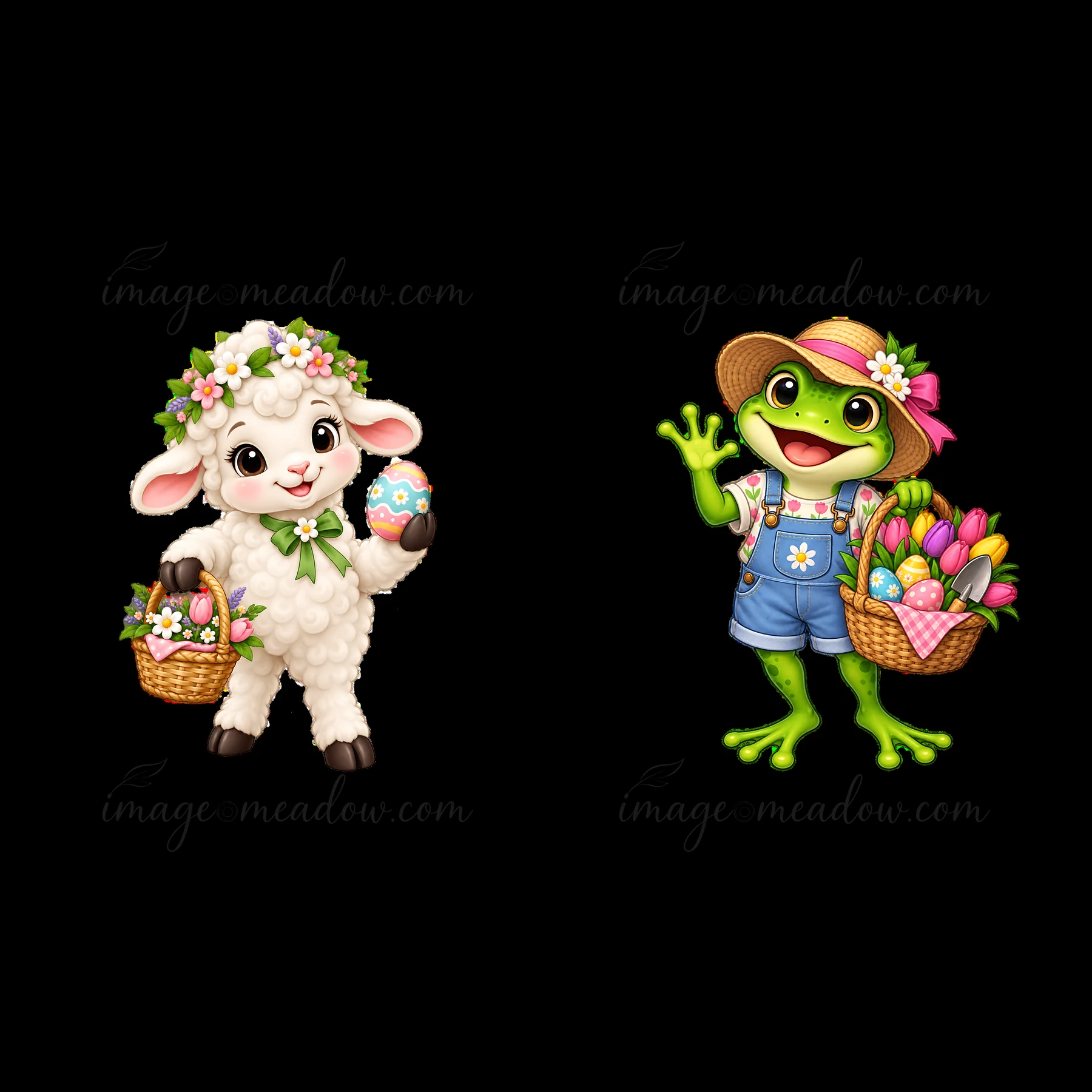 A cartoon lamb holds an Easter egg in a basket while a frog waves with another basket full of eggs and flowers. Both characters are decorated for Easter, showca