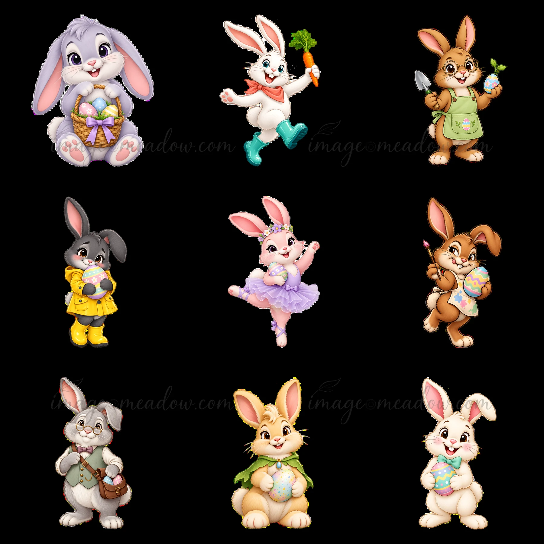 This artwork features nine cartoon bunnies in a 3x3 grid. Each bunny displays different colors and accessories. They are engaged in activities related to Easter