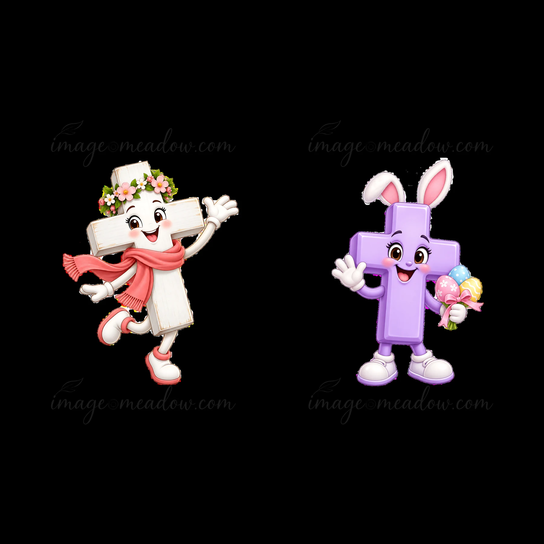 Two cartoon crosses are smiling and celebrating Easter. One cross has a floral headband and the other wears bunny ears, holding colorful candy. They embody fest