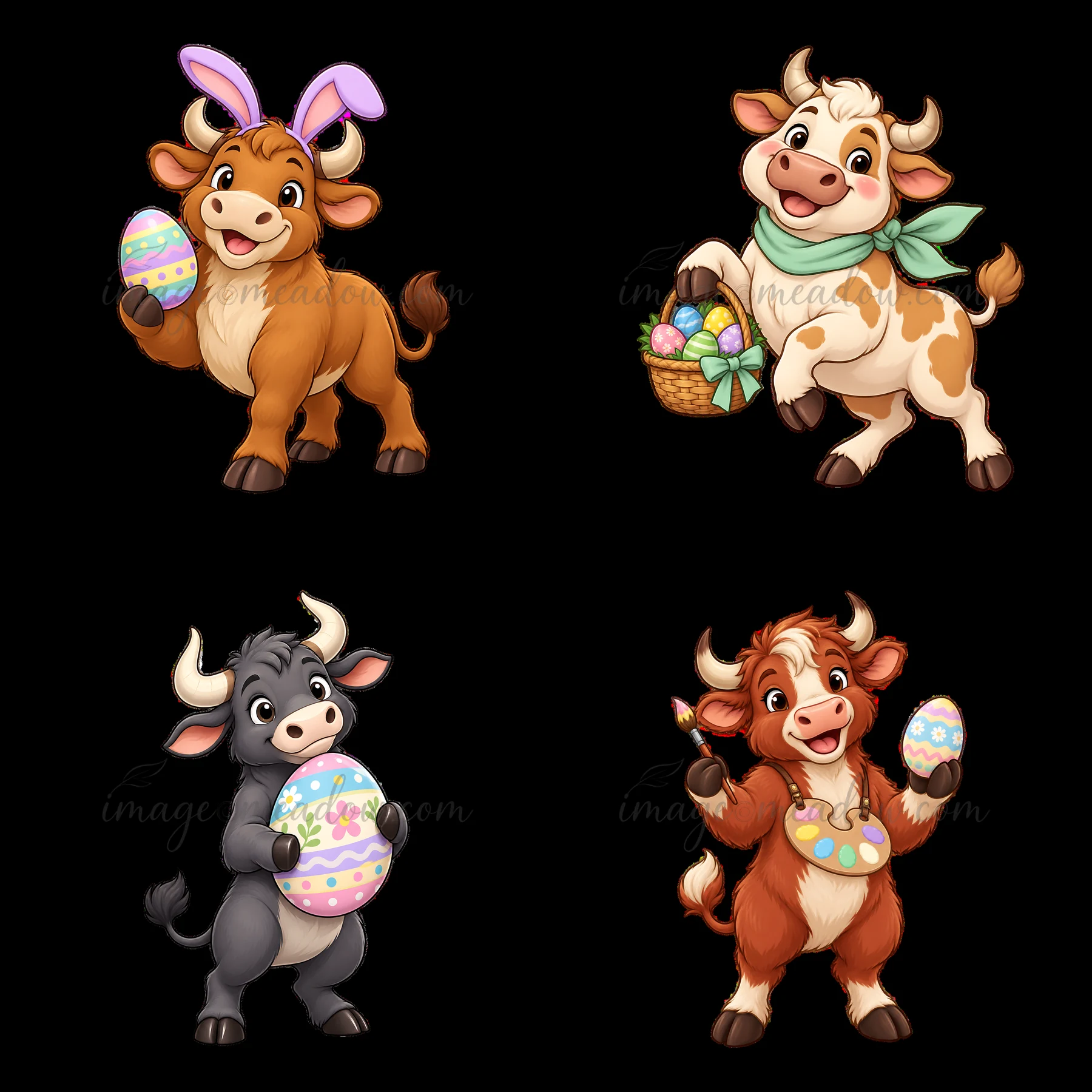 Four cartoon ox characters celebrate Easter. The brown ox wears bunny ears and holds an egg. Another ox carries a basket of colorful eggs. A black and a red ox