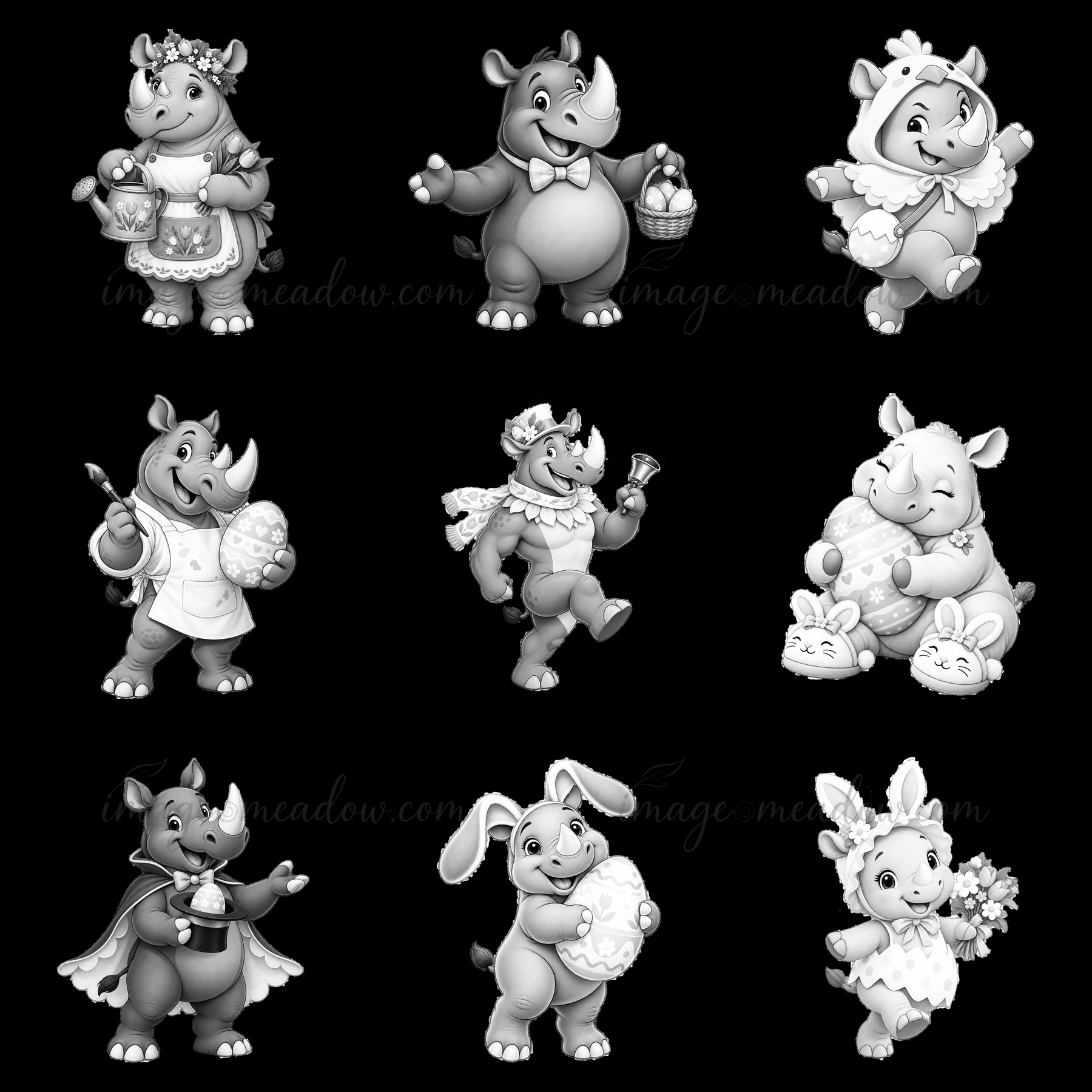 Nine cartoon characters are shown in a 3x3 grid. Various rhinos and a bunny celebrate Easter with baskets, eggs, and festive outfits. Each character displays un
