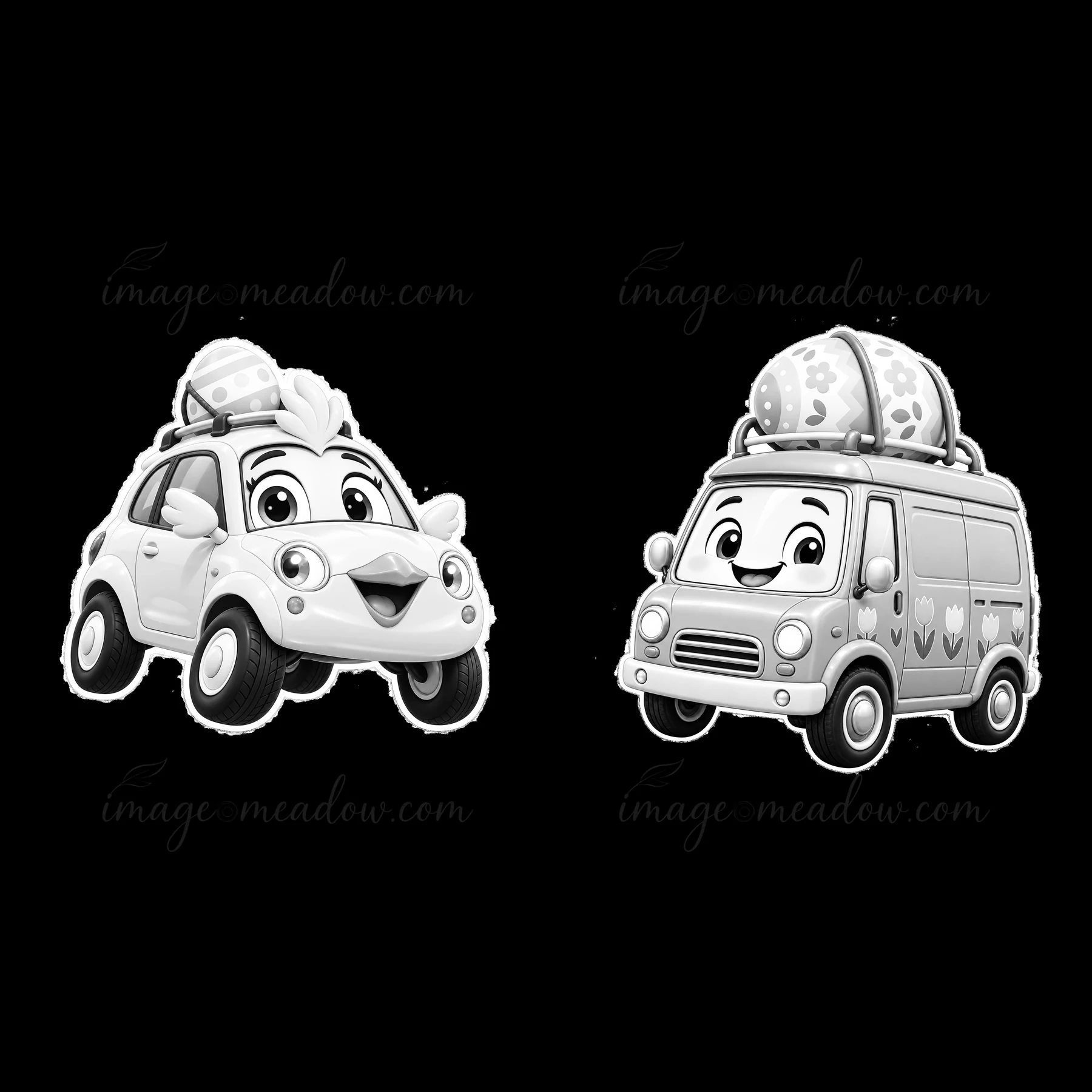 Two cartoon cars designed for Easter are placed side by side. One is a small car with a smiling face and eggs on the roof. The other is a van with a cheerful ex