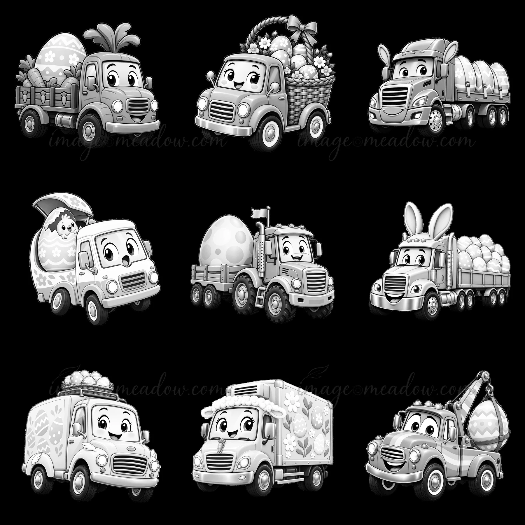 Several trucks are shown in black-and-white, each carrying various Easter decorations like eggs, bunnies, and baskets of flowers. The layout is organized in a 3