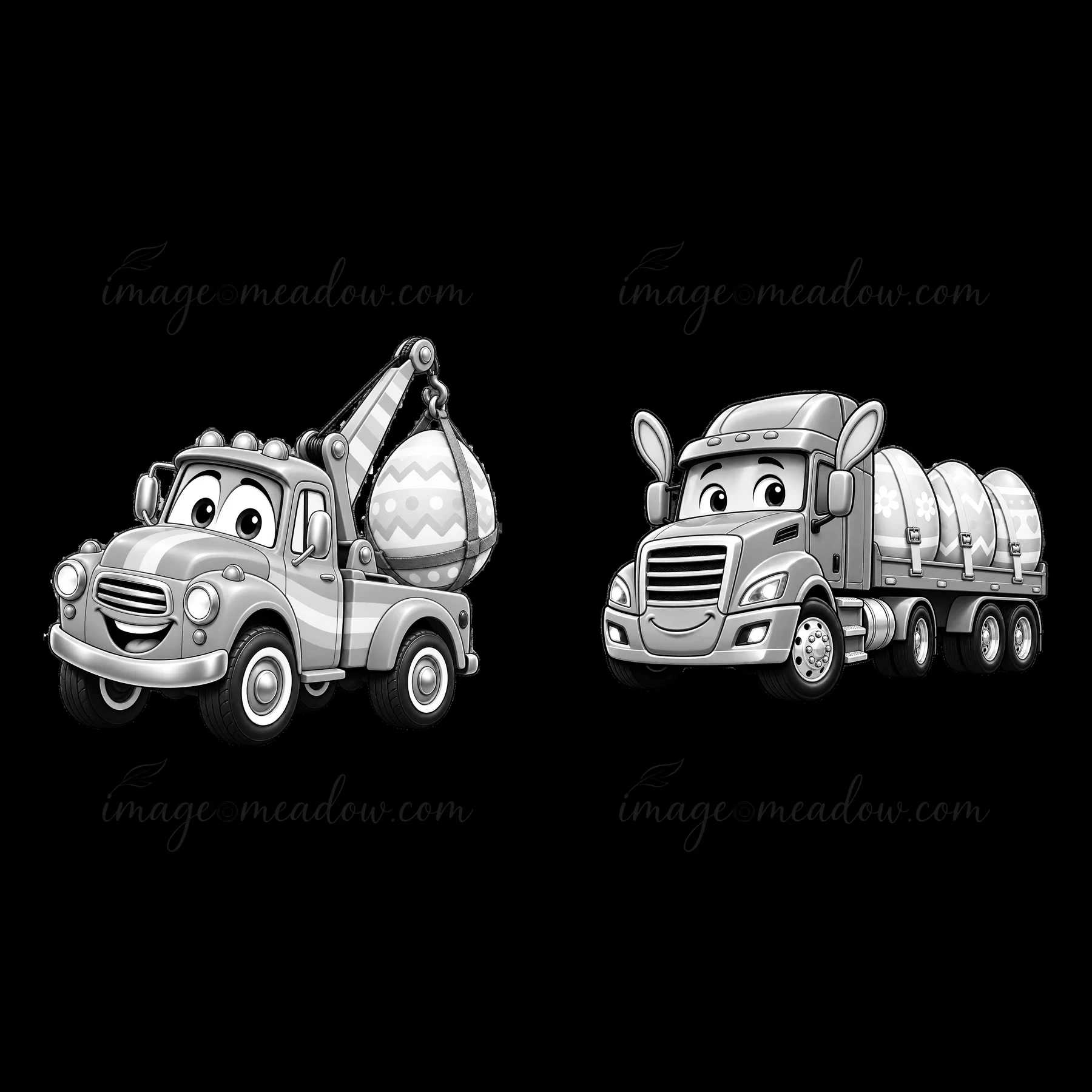 Two cartoon trucks transport decorated Easter eggs. One truck has a large egg container while the second truck has a flatbed. Both trucks have friendly faces, e