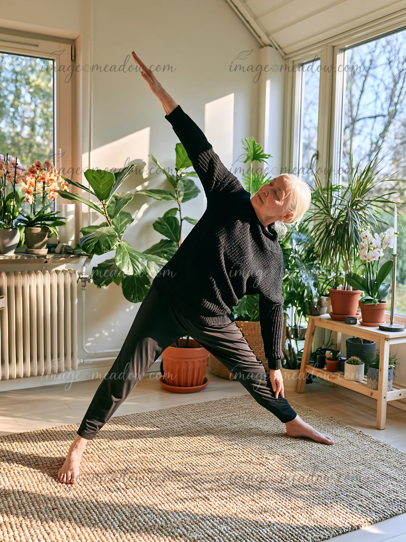 Elderly woman practices a standing yoga pose in a bright home room filled with plants and sunlight.