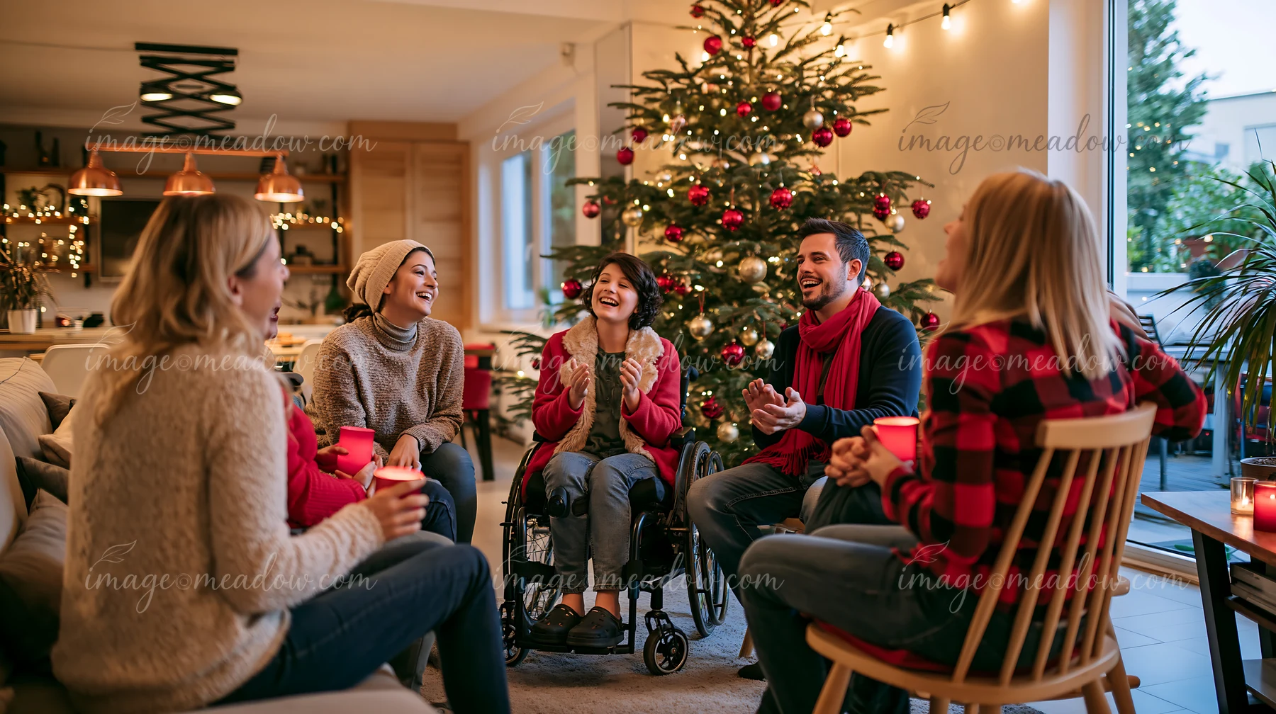 Family members sing together around a decorated Christmas tree in a warmly lit living room.