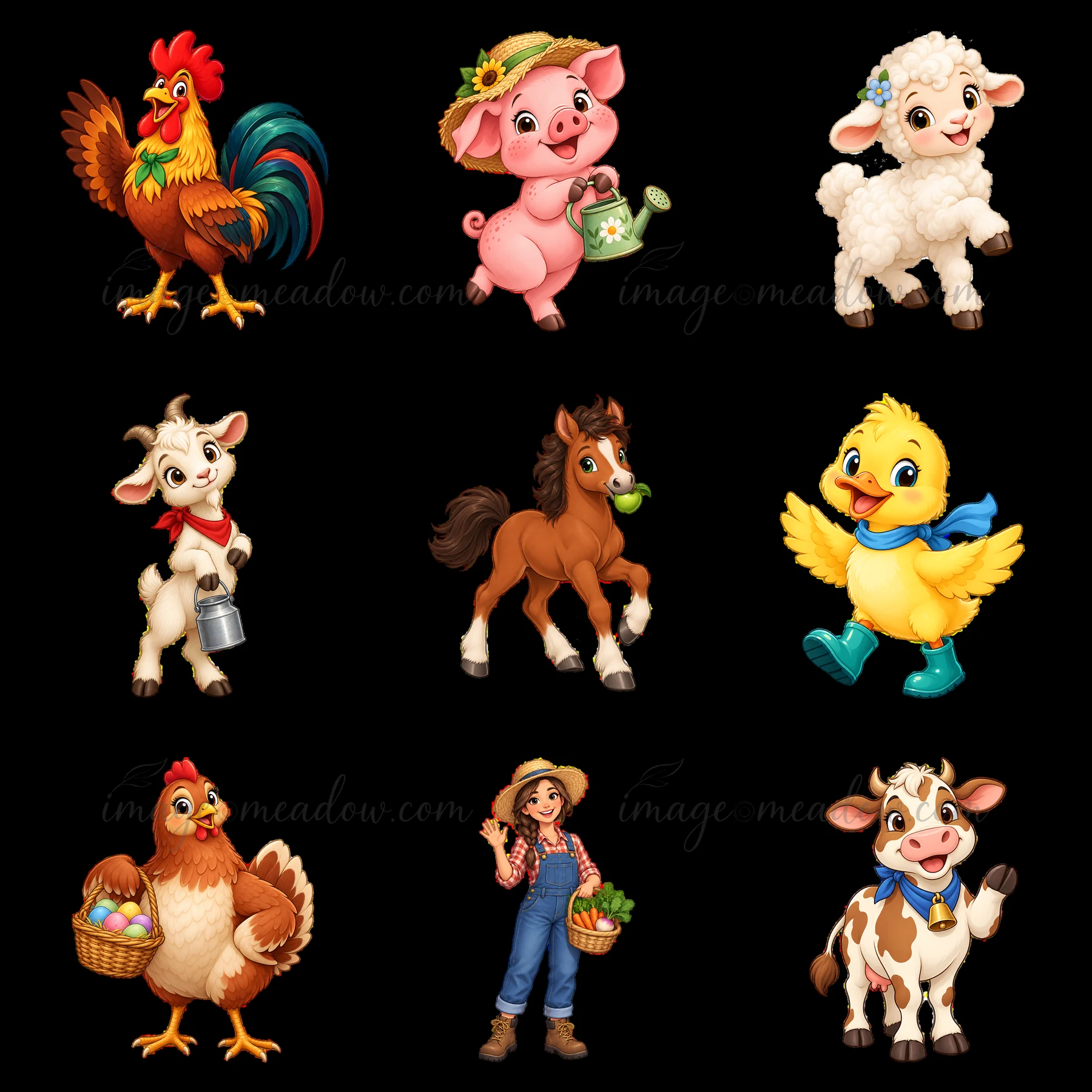 Collection of cartoon stickers showing a rooster, pig, sheep, goat, horse, duck, hen, and cow along with a farmer. Each character is colorful and engaging, suit