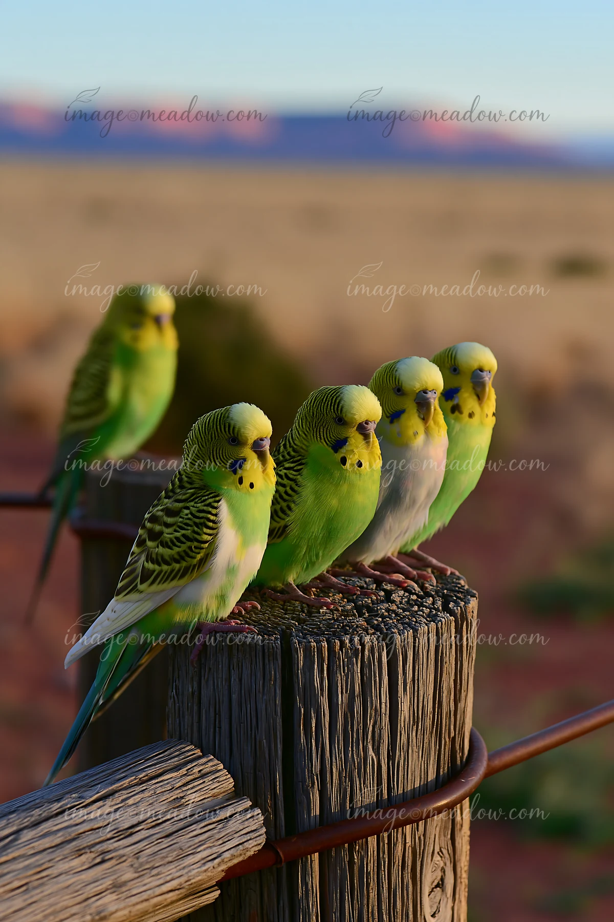 Five colorful budgerigars perch on a weathered wooden post with a softly blurred desert landscape behind them.
