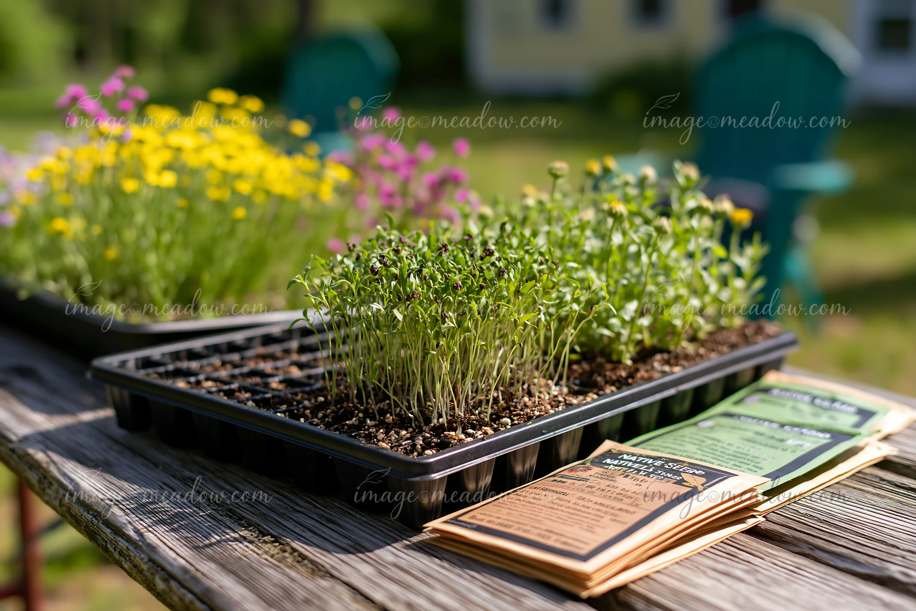 Flower seedlings grow in trays on a wooden table, with planting guides nearby.