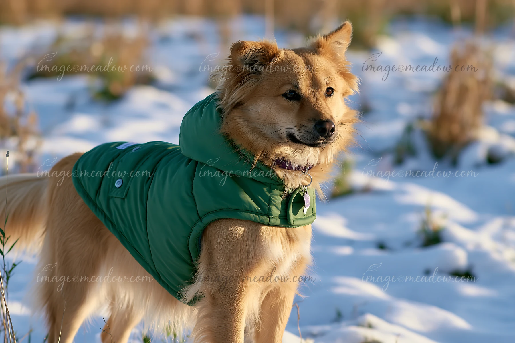 Fluffy tan dog in a green winter coat stands in a snowy outdoor setting.