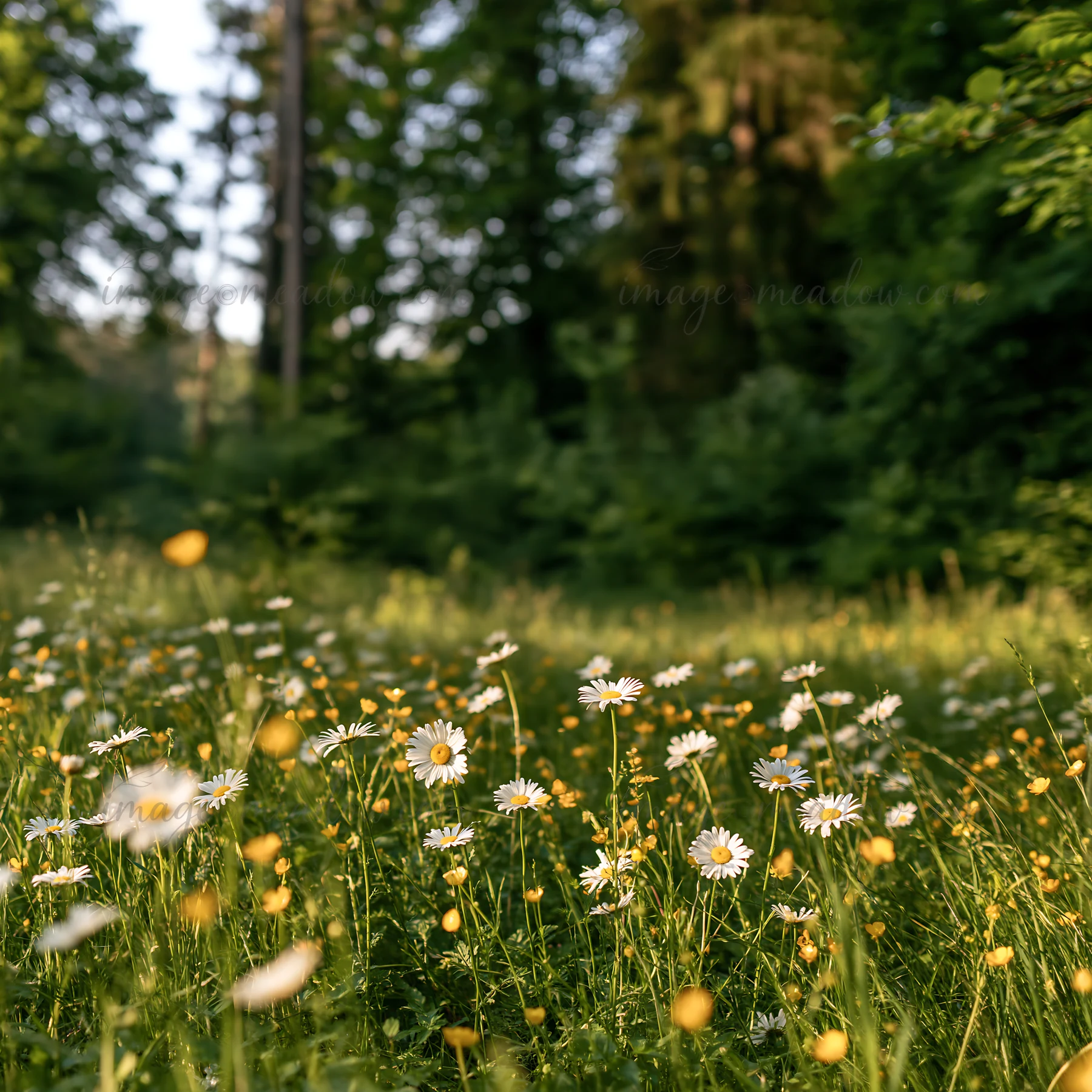 A meadow filled with white and yellow flowers is located in a forest opening. Green trees surround the area, creating a natural setting during daylight.