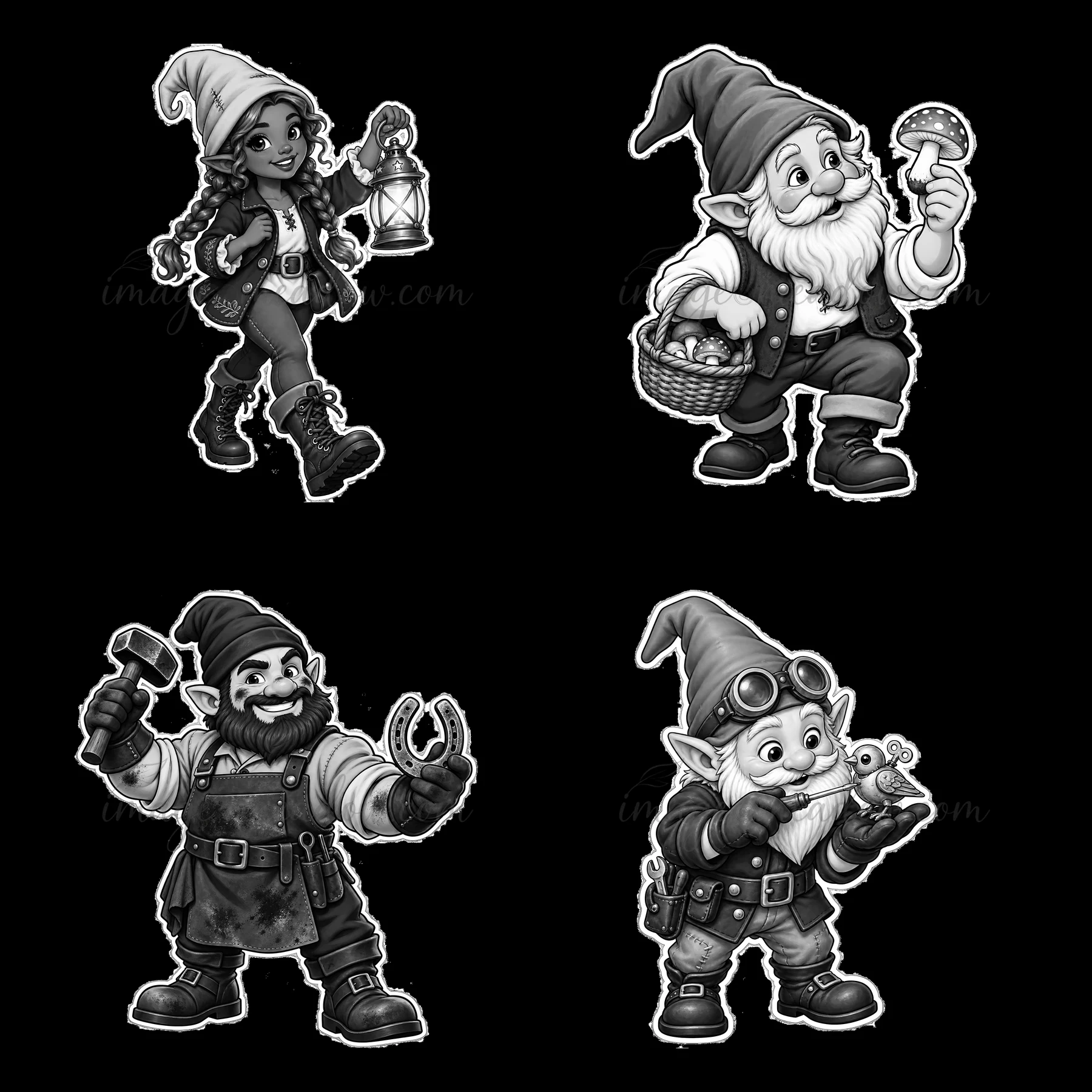 Gnomes are depicted in distinct poses. One carries a lantern, another holds a mushroom and a basket. A gnome has a hammer while the last one shows a snail. The