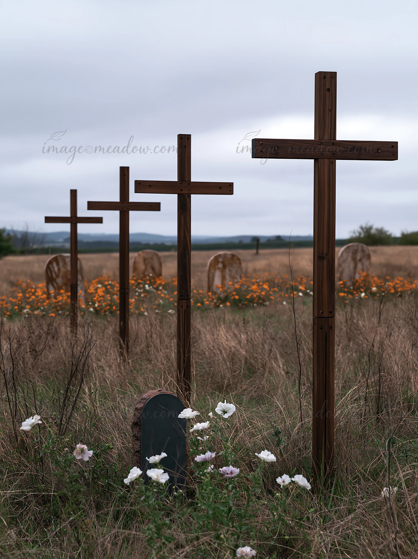 Four wooden crosses stand in a meadow with flowers in the foreground. The setting features a cloudy sky and rolling hills in the background, typical of a rural