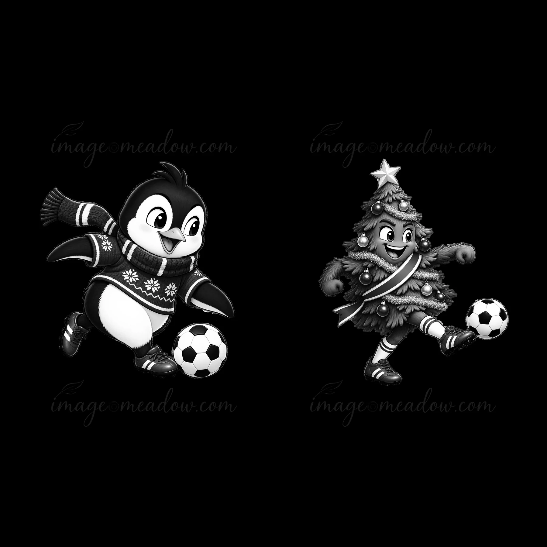A cartoon penguin and a Christmas tree character are playing soccer. The penguin wears a sweater and runs with a soccer ball while the tree character sports dec