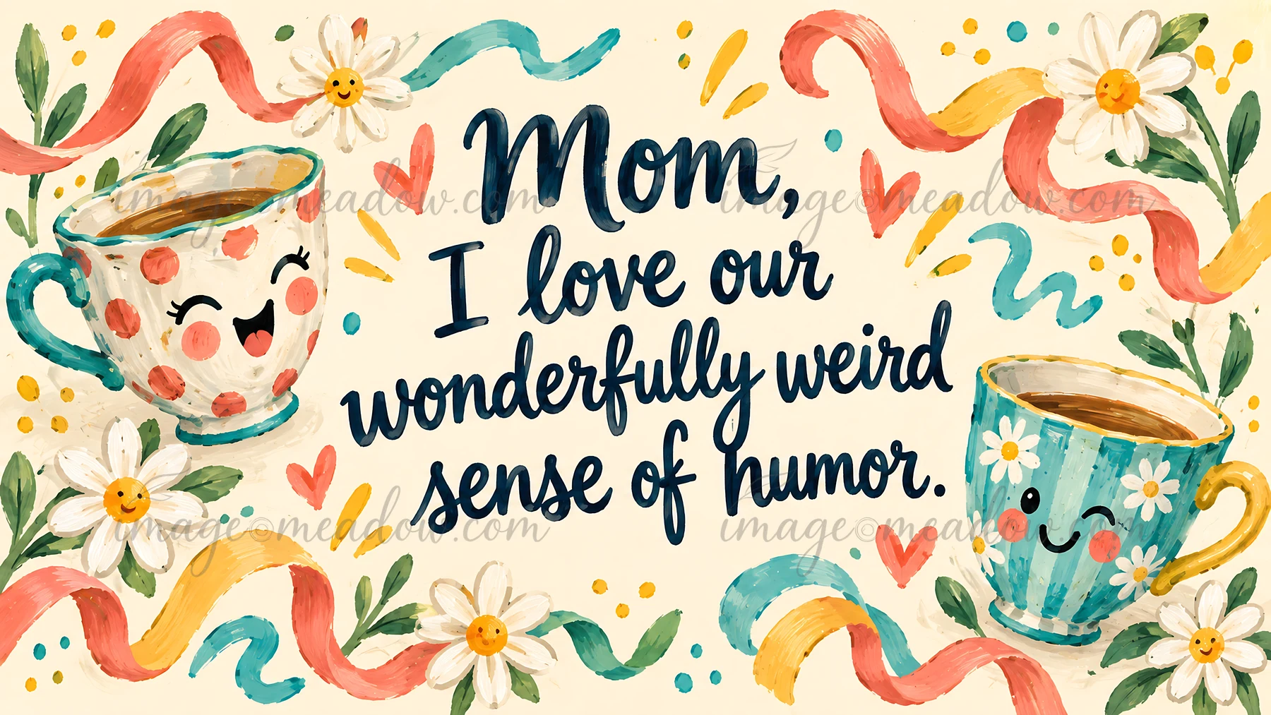 A playful hand-painted style greeting illustration reads “Mom, I love our wonderfully weird sense of humor.” Smiling coffee cups, daisies, hearts, leaves, and c
