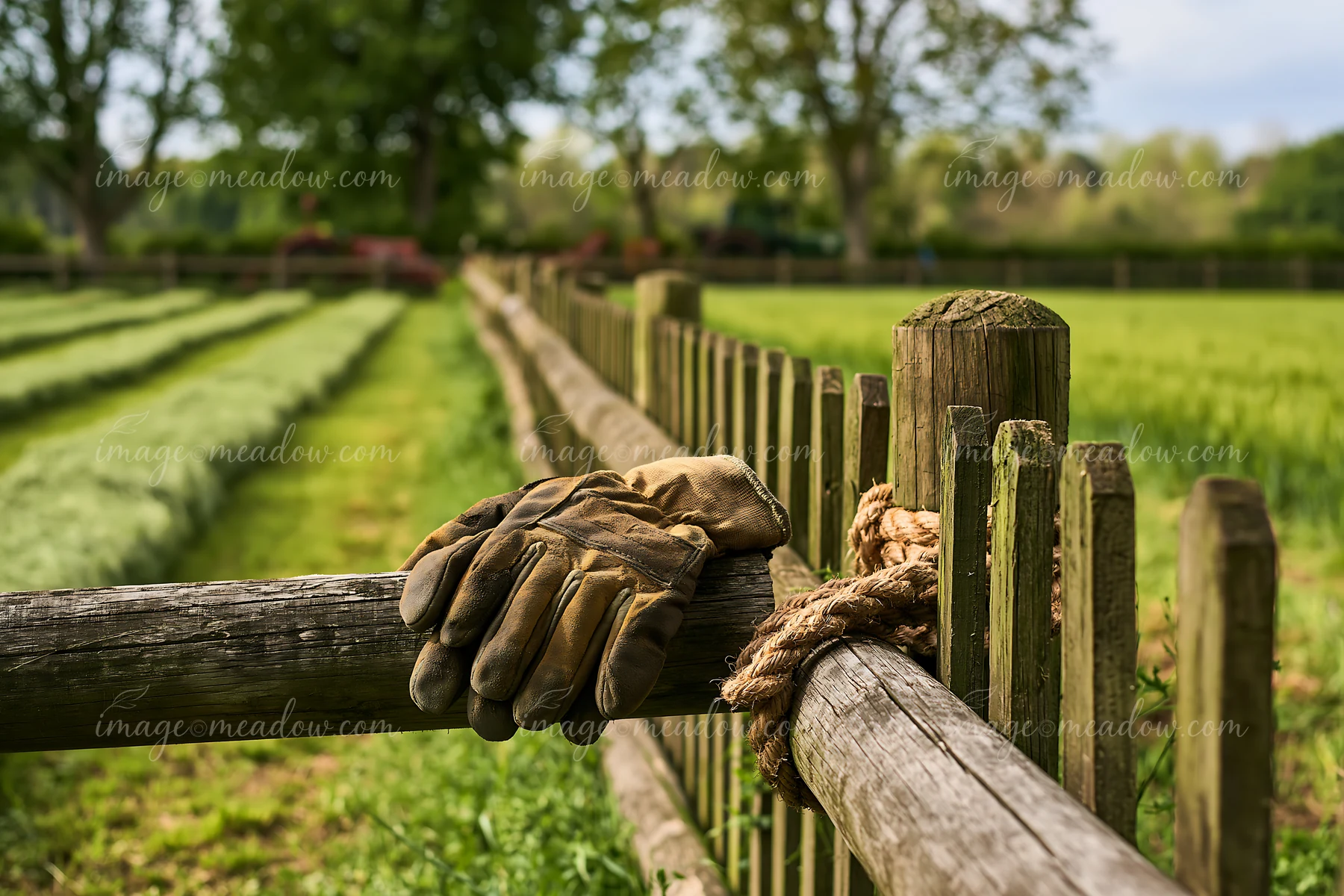 Gardening gloves rest on a wooden fence near freshly cut meadow rows under a clear sky.
