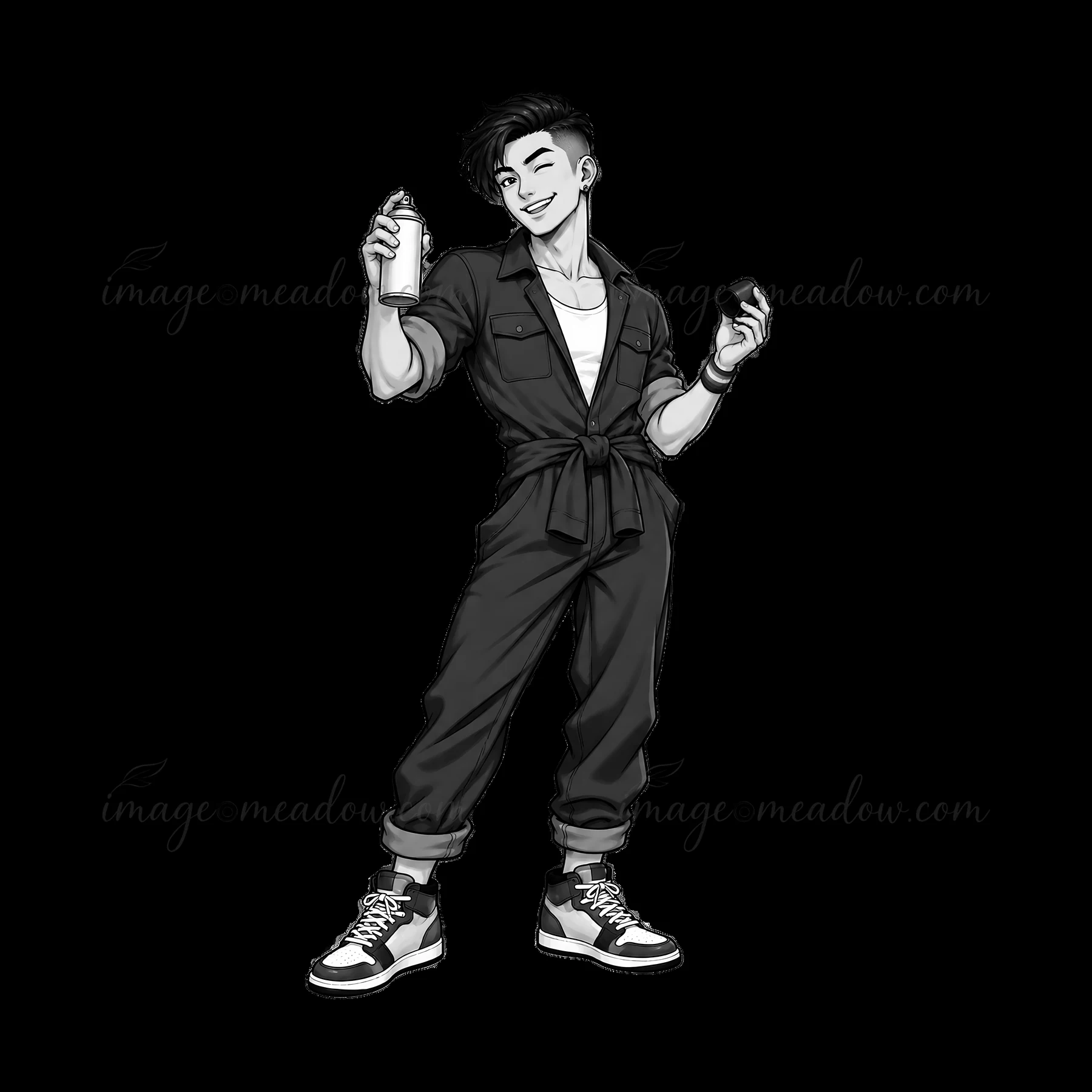 A young graffiti artist stands confidently, holding a spray can in one hand and a cap in the other. He wears a jumpsuit and sneakers, showcasing a modern urban