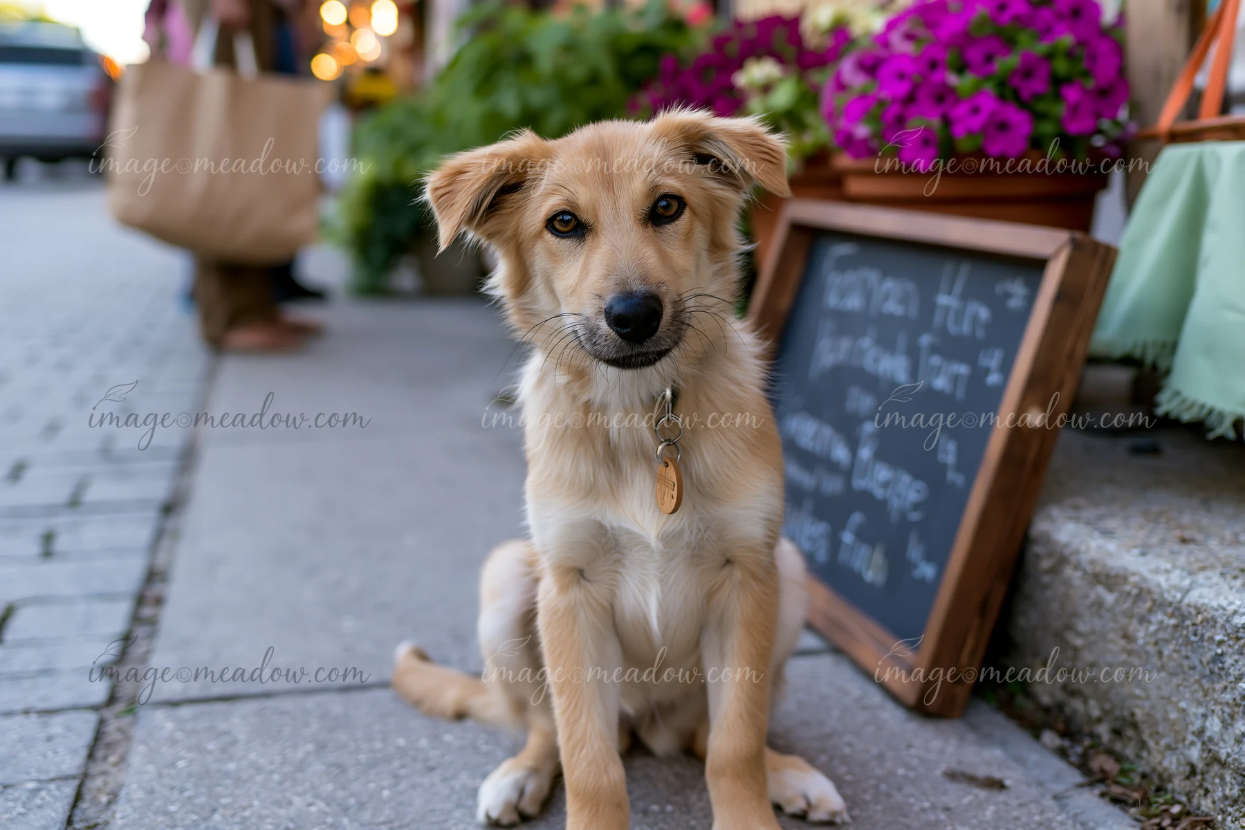 Golden dog sitting on a paved walkway beside flowers and a chalkboard sign at an outdoor market.