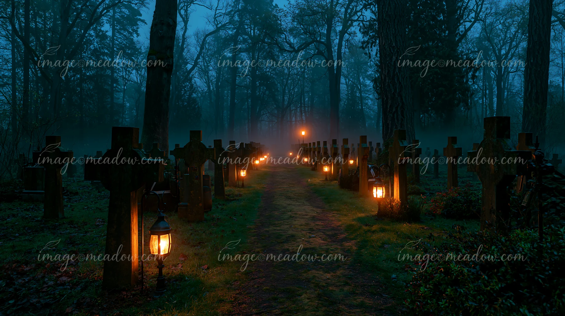 Graves with wooden crosses line a path in a dark forest setting at night.