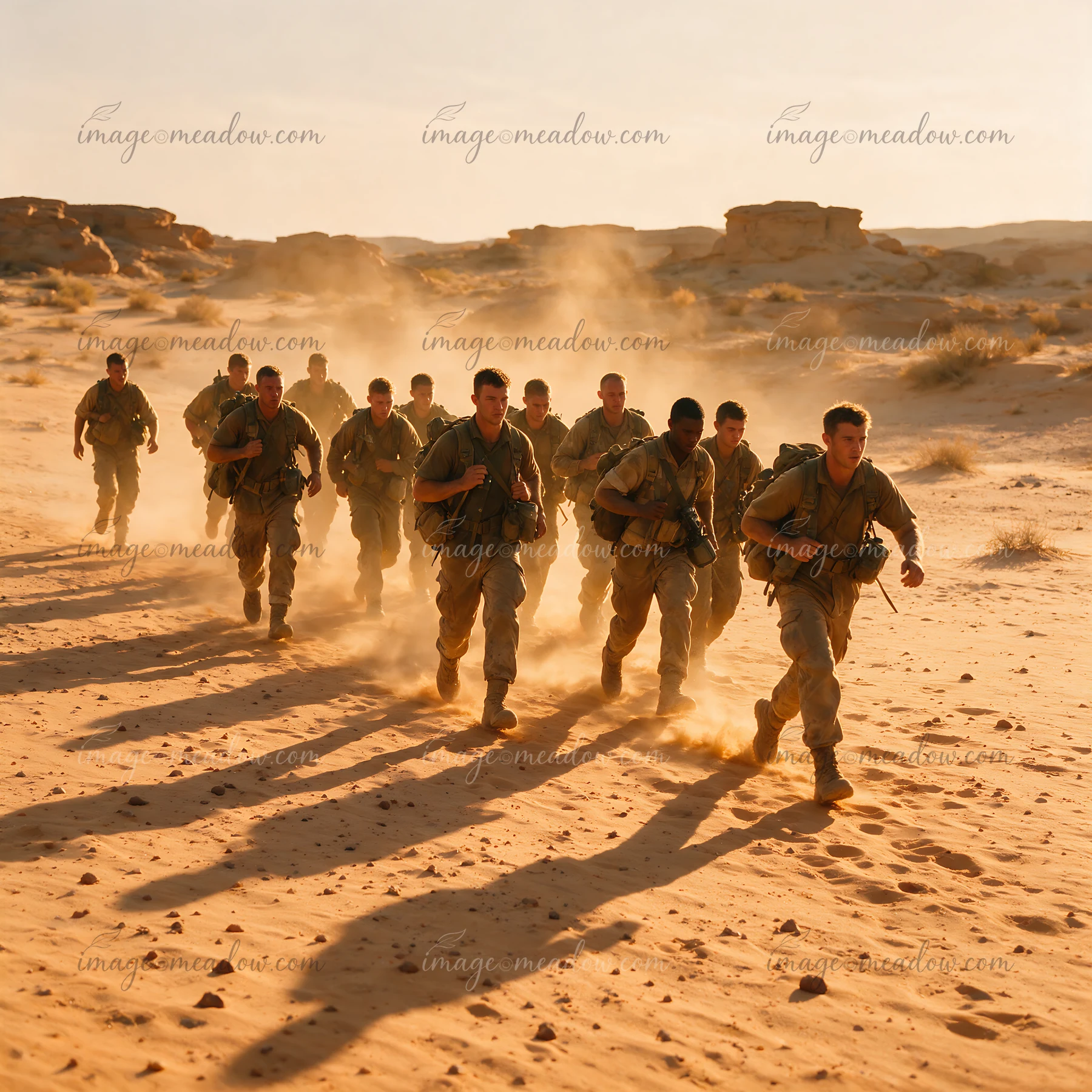 Group of soldiers marching together through a dusty rocky desert at golden hour