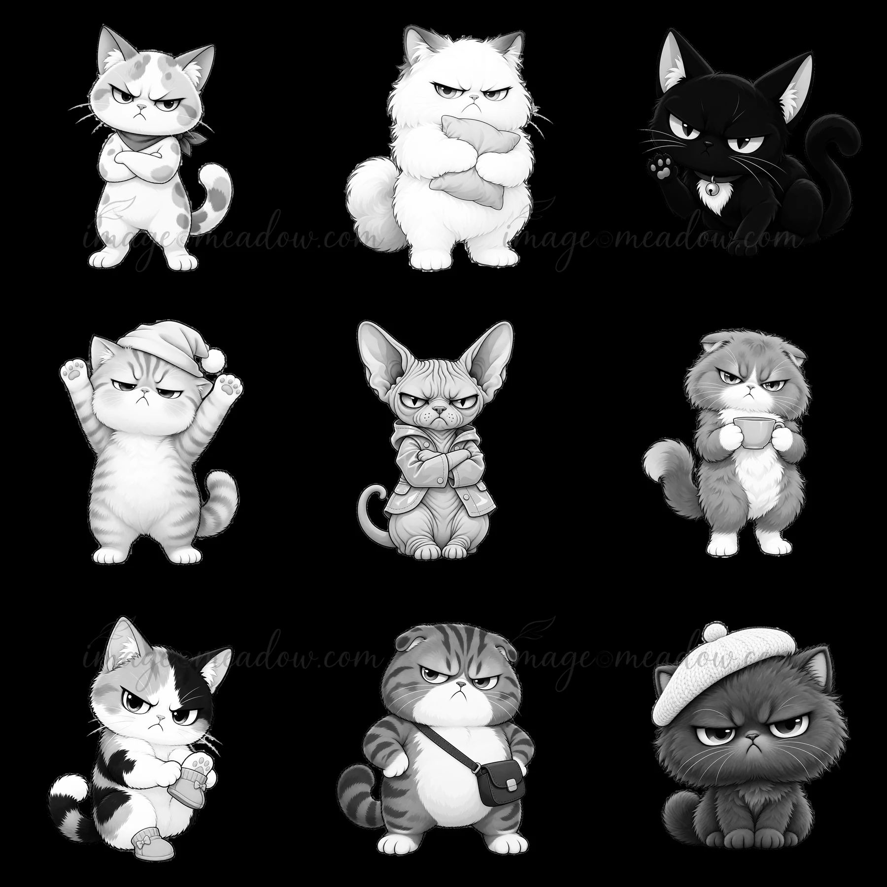 Nine grumpy cat stickers are displayed in a 3x3 layout. Each cat shows a unique expression and pose, all in black-and-white style. Different accessories are see