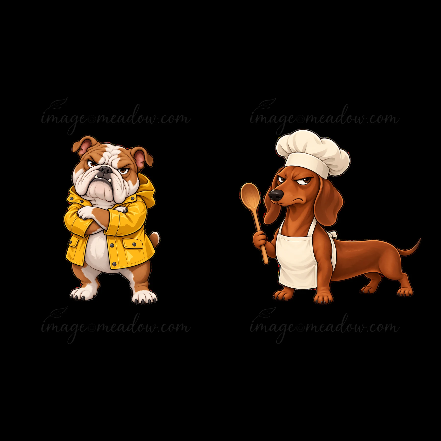 Two cartoon dogs are shown side by side. The bulldog wears a yellow raincoat and has a grumpy expression. The dachshund sports a chef's hat and apron, holding a