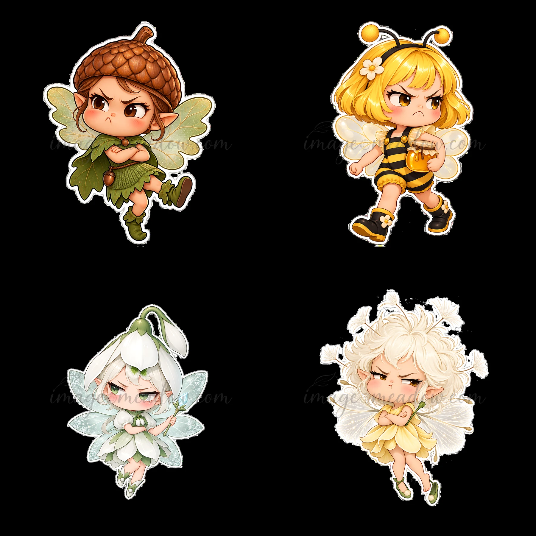 Four kawaii grumpy fairies are shown in a 2x2 layout. Each fairy has a unique color scheme and theme. One fairy wears a bee costume, while another has an acorn