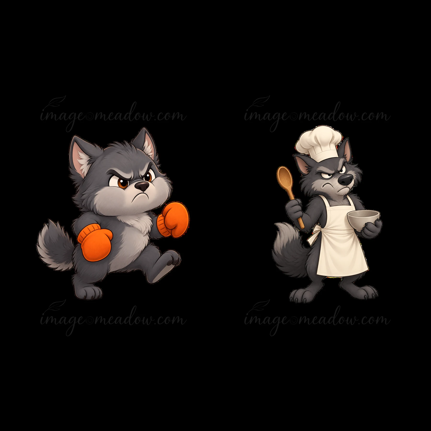 Two cartoon wolf stickers show a grumpy wolf in boxing gloves running and another grumpy wolf wearing a chef outfit holding a spoon and bowl. Both wolves have d