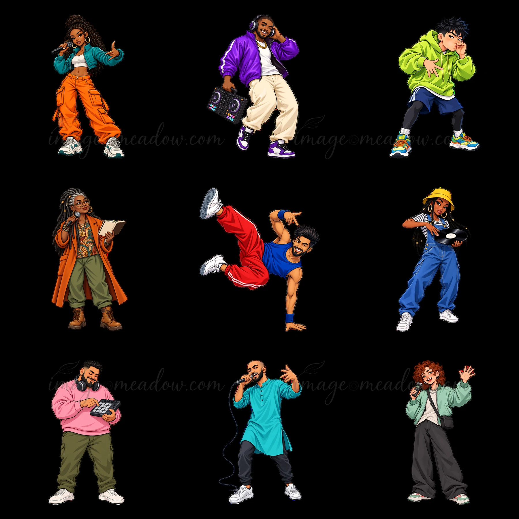 Nine hip-hop artists in a 3x3 layout showcase unique styles and actions. Some hold accessories like microphones and boomboxes. Colors include bright orange, gre