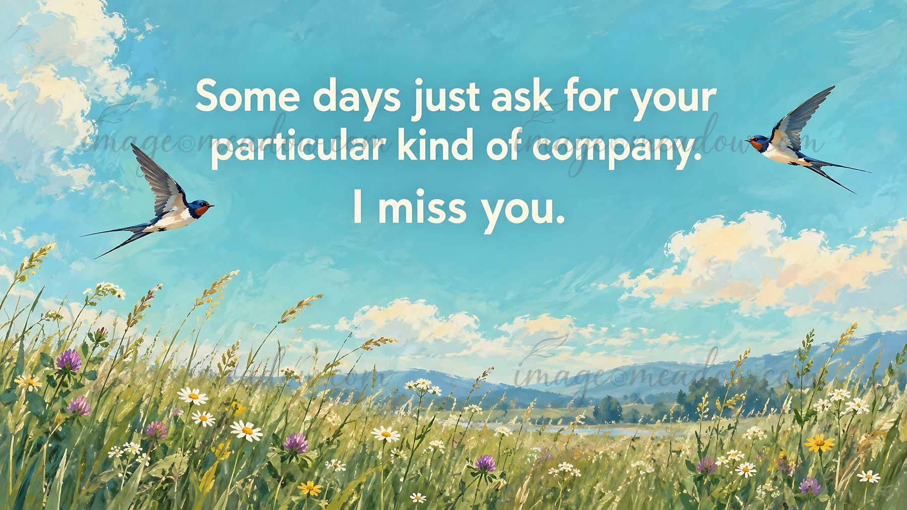 A painterly greeting illustration shows two swallows above a wildflower meadow beneath a bright blue sky. The message reads, “Some days just ask for your partic