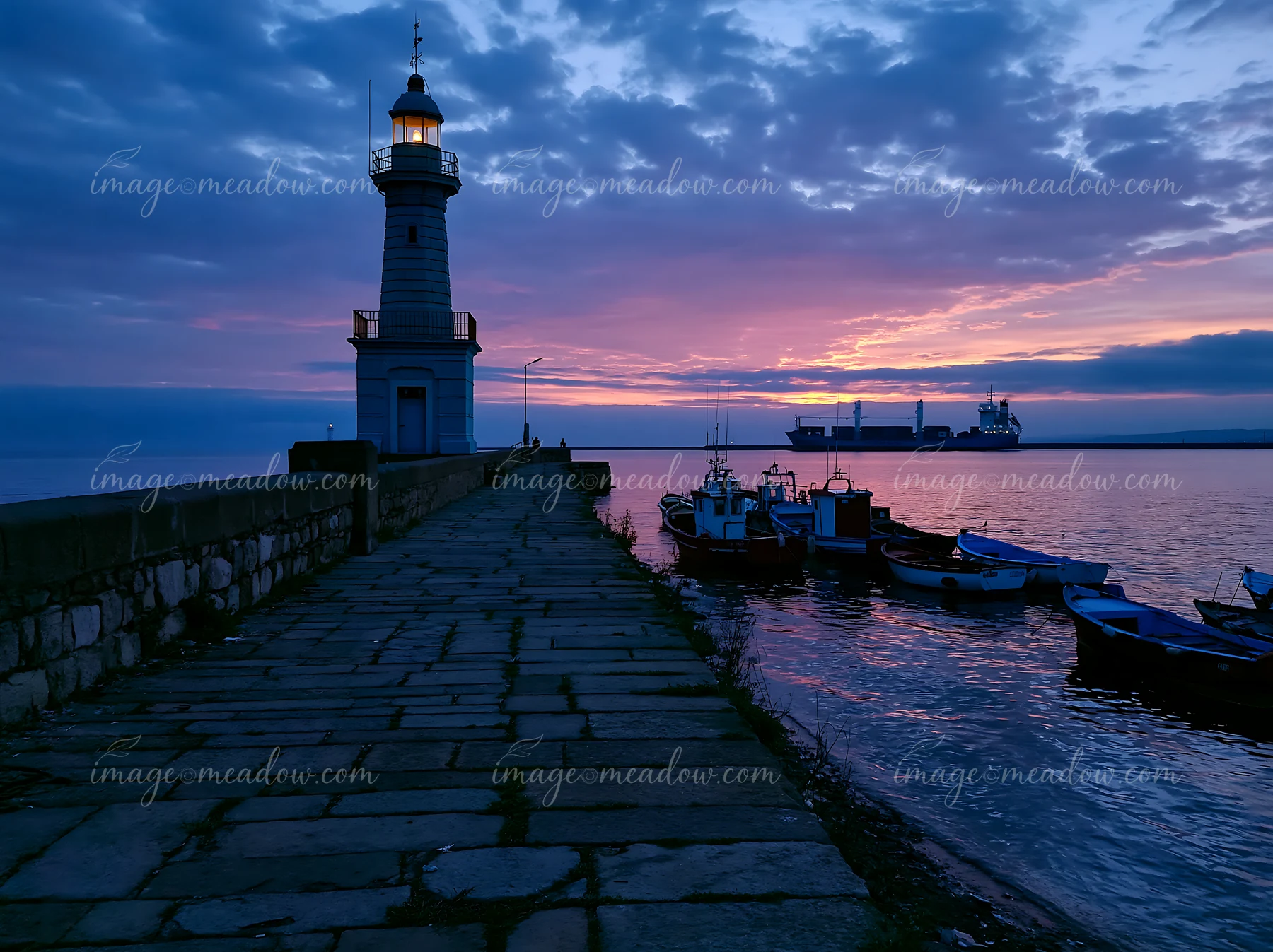 Illuminated lighthouse beside a stone harbor pier, with small boats and a cargo ship beneath a colorful dusk sky.