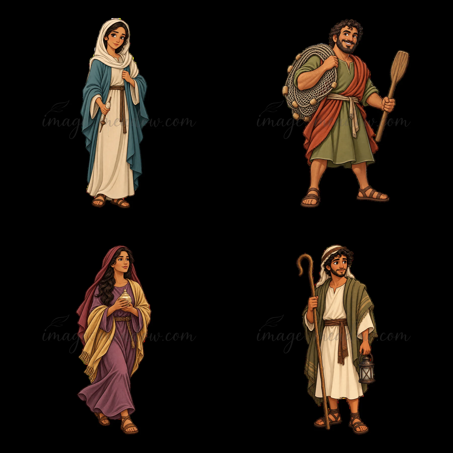 This illustration features four biblical characters arranged in a 2x2 layout. Each character displays unique clothing and accessories, representing a scene from