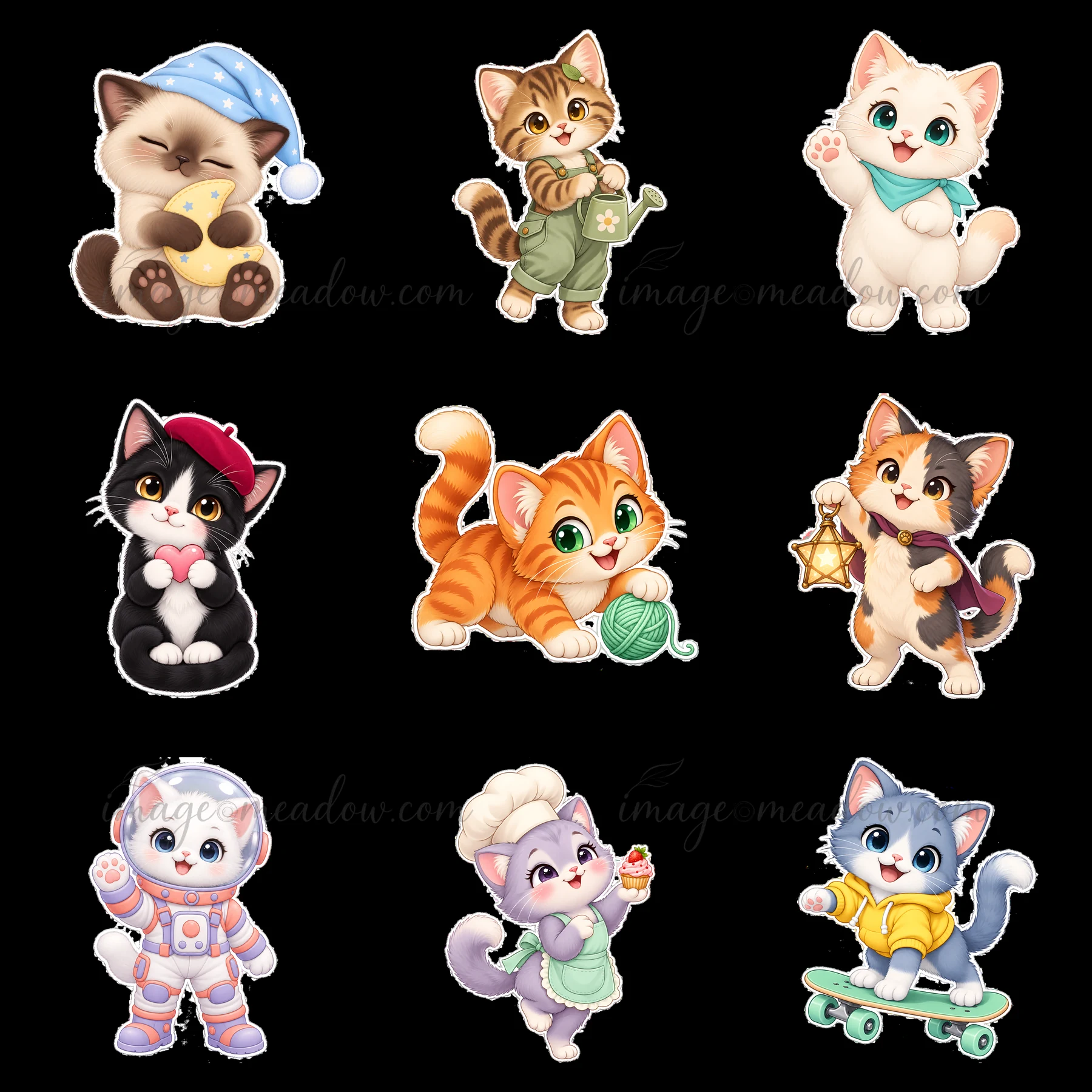 Nine kawaii cats are engaged in various activities. Each cat has distinct colors and expressions, showing playful characters. The scene features vibrant tones a
