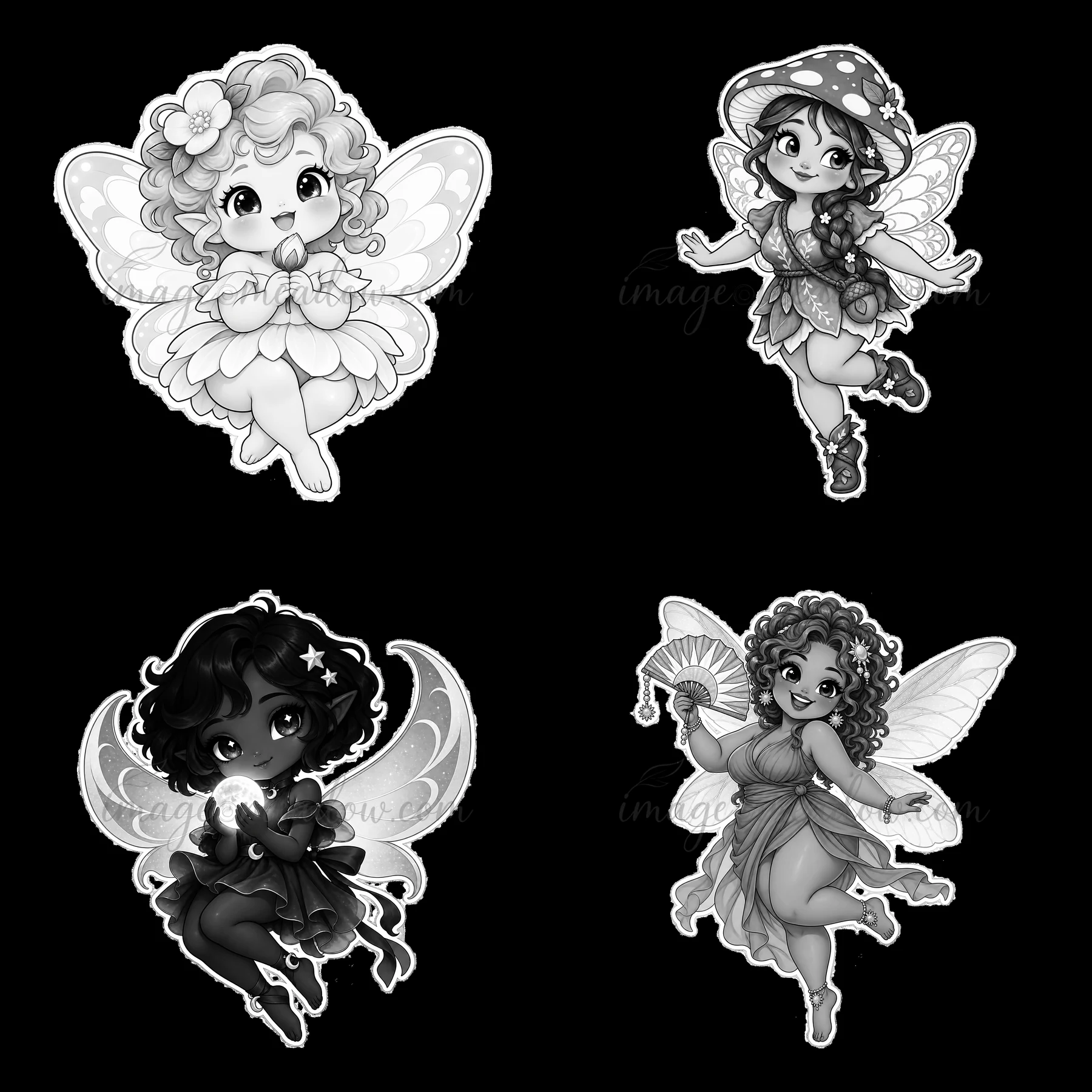 Four chubby fairies in different poses. Each fairy features unique accessories. One holds a fan, another clutches a glowing orb, while others wear different out
