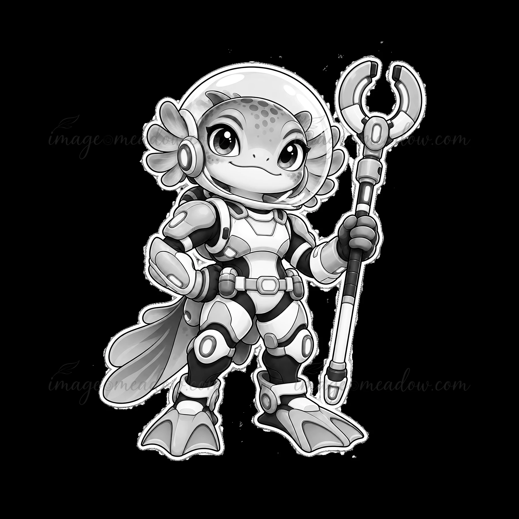 A cute futuristic super-soldier character stands confidently, wearing a spacesuit and holding a staff. The character features a playful design with a helmet and