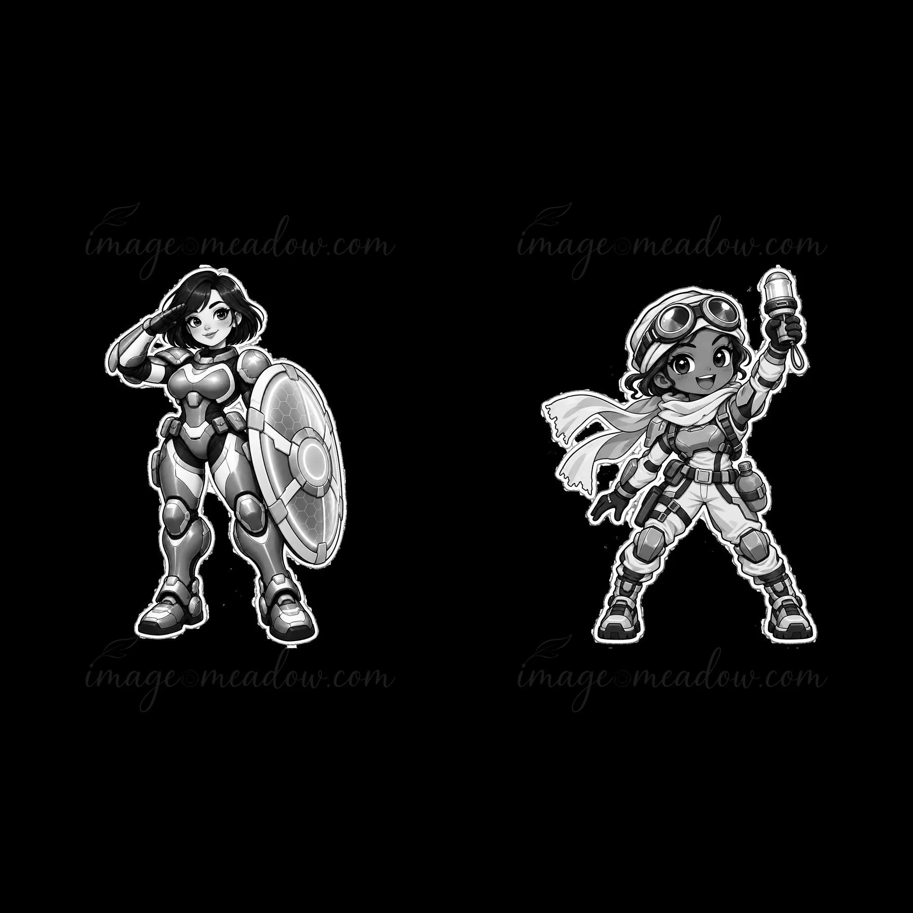 Two cartoon characters stand in a playful pose. One character wears armor and holds a shield, while the other wears goggles and holds a flashlight. They display