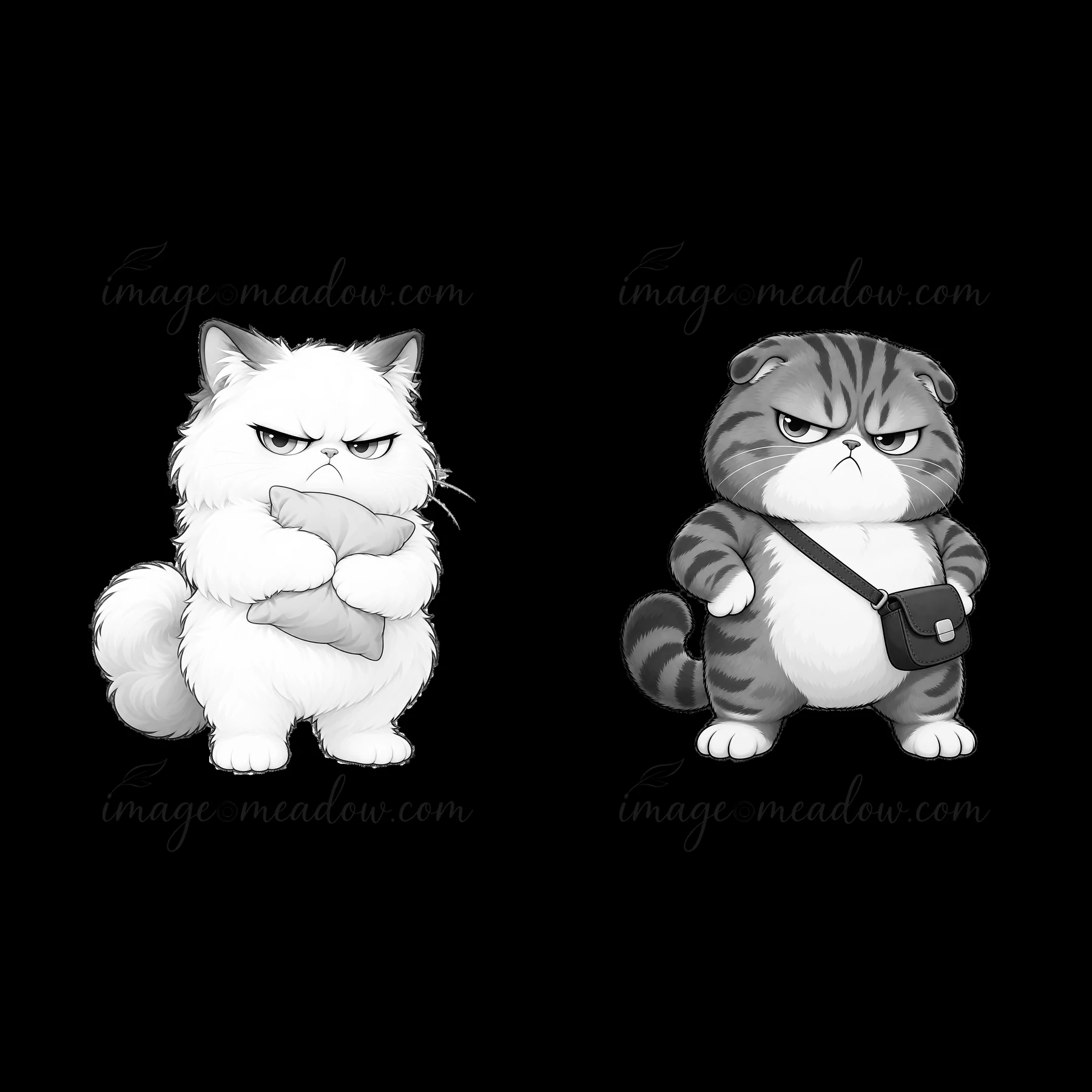 Two kawaii grumpy cats stand side by side. One cat holds a pillow, and the other has a small messenger bag. Both cats have distinct facial expressions, emphasiz