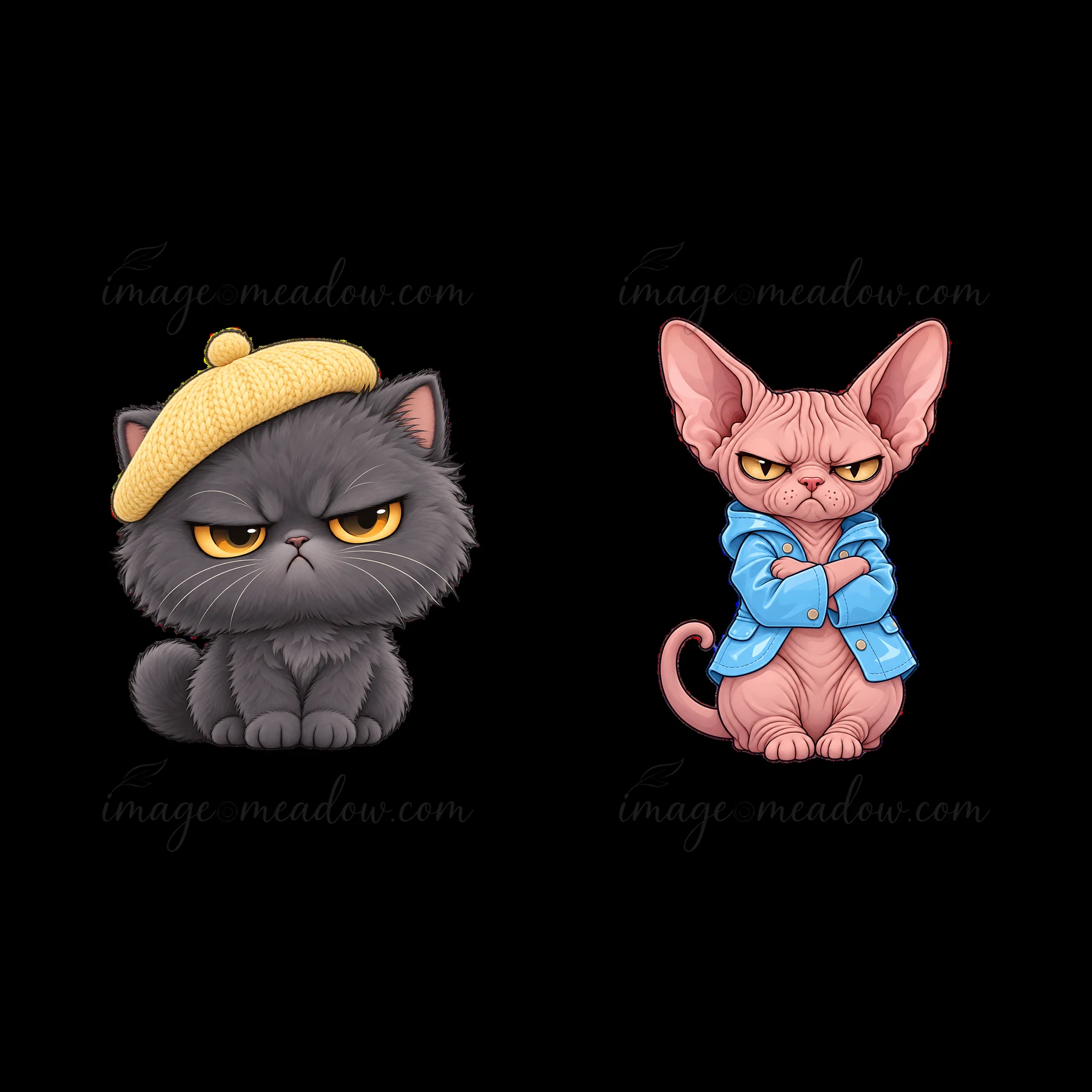 Two cartoon stickers feature a black cat wearing a yellow beret and a pink sphynx cat in a blue shirt. Both cats have grumpy expressions, showcasing their uniqu