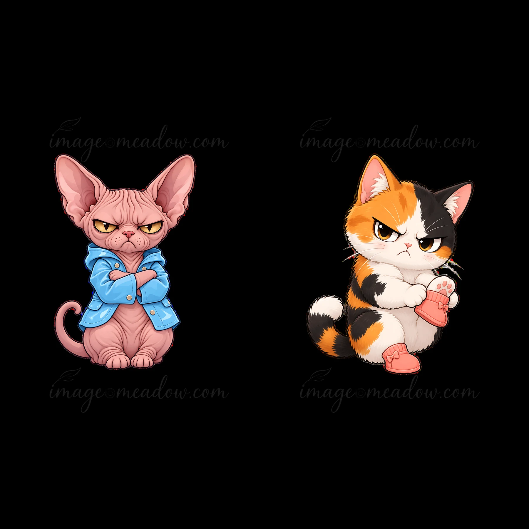 Two cartoon cat characters display grumpy expressions. The left cat is a pink sphinx wearing a blue shirt, and the right cat is a calico cat with a sock in its